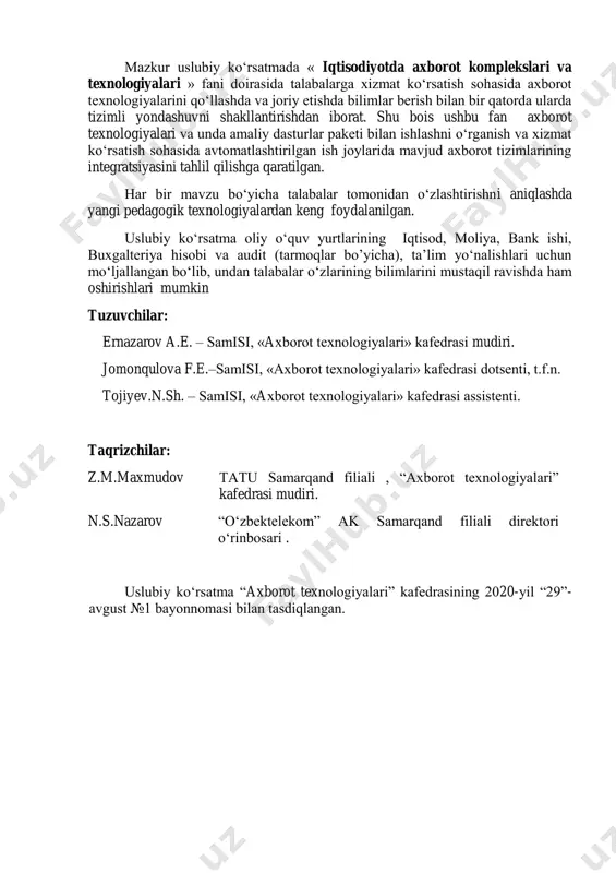 sonli va formula. jadvalga ma’lumotlar klaviatura tugmachalari yordamida kiritiladi. qaysi yacheykaga ma’lumot kiritilishi kerak bo’lsa, kursor o’sha yacheykada turishi kerak. ssoonnllaarr.. kkiirriittiillggaann mmaa’’lluummoottllaarr ffaaqqaatt rraaqqaammllaarr kkeettmmaa--kkeettlliiggiiddaann iibboorraatt vvaa rraaqqaammllaarr oollddiiddaa ““++””((qqoo’’sshhiisshh)),, ““--””((aayyiirriisshh)) aarriiffmmeettiikk aammaall bbeellggiillaarrii hhaammddaa ““..””((nnuuqqttaa))((ssoonnnniinngg bbuuttuunn vvaa kkaassrr qqiissmmiinnii aajjrraattiisshh uucchhuunn)) ssiimmvvoollllaarriiddaann iibboorraatt bboo’’llssaa,, bbuunnddaayy mmaa’’lluummoott ssoonnllii mmaa’’lluummoott ddeebb ttuusshhuunniillaaddii.. mmaassaallaann:: 555555;; --4455..66;; 7766..99 vvaa hhookkaazzoo.. formula. ba’zan yacheykalardagi sonli ma’lumotlar ustida ayrim hisoblashlarni bajarish zaruriyati tug’iladi, bunday vaziyatda formulalardan foydalaniladi. excel yacheykasidagi formula hamma vaqt “=“ (tenglik) belgisi bilan boshlanadi, aks holda matn deb tushuniladi. so’ngra, arifmetik amal belgilari bilan o’zaro bog’langan ifodalar yoziladi. masalan n8 yacheykasida = a5+ 4*v6 formula yozilgan bo’lsa, b6 yacheykadagi sonli qiymat 4 ga ko’paytiriladi va a5 yacheykadagi songa qo’shilib, n8 yacheykaga yoziladi. excel da ishlatiladigan arifmetik amal belgilari quyidagilar: + (qo’shish), - (ayirish), * (ko’paytirish), / (bo’lish), ^ (darajaga ko’tarish) va % (foiz). mmaattnn.. aaggaarr jjaaddvvaallggaa yyoozziillggaann mmaa’’lluummoott ssoonnllii yyookkii ffoorrmmuullaa …