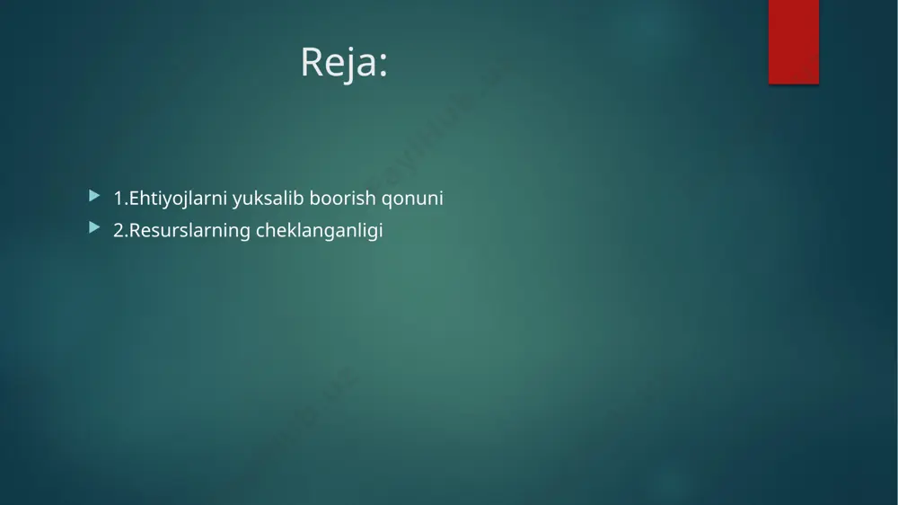 , ko’payib sifat jihatdan o’zgarib boradi. mutloqo yangi extiyojlar vujudga keladi, eskilari o’zgaradi. birinchidan, ishlab chiqarish orqali turli ne’matlar va shu ne’matlarga bo’lgan ehtiyojlarni qondirishga imkon yaratiladi. ehtiyojni qondirilishi o’z navbatida yangi ehtiyojlarni vujudga keltiradi. masalan, avtomobil sotib olib ehtiyojni qondirilishi o’z navbatida qator yangi ehtiyojlarni keltirib chiqaradi: mashina turadigan joy kerak, yonilg’i, ehtiyot qism va boshqalar, sug’urta qildirish, va hokazolarga ehtiyoj. ikkinchidan, fan-texnika taraqqiyotining tezlashuvi, aholi turmush tarzi ham ehtiyojlarni tubdan o’zgartiradi. yangi ixtiro qilingan narsalarni ishlab chiqarish, ularga extiyojlarni vujudga keltiradi. ularni odamlar sotib olishga harakat qiladilar. masalan, kir yuvish mashinasi, video magnitafon va boshqalar. uchinchidan, ishlab chiqarish maishiy madaniyatni shakllantiradi. oddiygina misol. dastlabki ibtidoiy odamlarning ovqat tayyorlashi bilan hozirgi zamon ovqat tayyorlash texnologiyasi tubdan farq qiladi. ishlab chiqarish ehtiyojlarni shakllantirar ekan, o’z navbatida ehtiyojlar ham ishlab chiqarishga ta’sir etadi: 1.ehtiyojlar yaratuvchanlik faoliyatini sababi va aniq yo’nalishiga asos bo’ladi. 2.inson ehtiyojlarining miqdor va sifat jihatdan tez o’zgarishi ishlab …