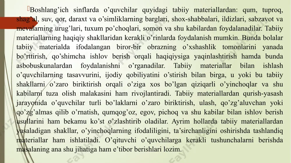 , po`stlog`i, mevasini terib borishni vazifa sifatida topshiradi; kvarts qumi va loy tayyorlash hamda undan narsalar tayorlash usullari bilan tanishtirib boradi. tushuntirish ishida o`qituvchi mamlakatimizda tabiatni qo`riqlash to`g`risida qonun mavjudligi, shu qonunda belgilangan talablarni albatta bajarish shartligi va shunga ko’ra tabiiy boyliklarga ehtiyotkorona munosabatda bo`lishni talab etishini aytib o`tishi ahamiyatlidir. o`qituvchi bu qonunning asosiy qoidalarini qayd etib, daraxt barglari va o’simliklardan faqat yerga tushgan materiallarnigina terish kerakligini eslatadi. qonunga ko’ra daraxt va butalarni sindirish, tabiatni ifloslashtirish, o`simlik shoxlari, po`stlog`i, barglarini kesish mumkin emasligini uqtiradi. dastlab tabiiy materiallar bilan tanishtirish o‘simliklarni to‘plashda gazeta, gerbariy papkasi, qaychi, paxta bo‘lishi kerak. gazeta daftarsimon taxlanib, orasiga materiallar tartib bilan joylanadi. quritib olishga mo‘ljallangan o‘simliklar har qanday namlikdan holi bo‘lishi kerak, aks holda o‘simlik quritilganda unda dog‘larning izi qoladi. quritilayotgan o‘simlikning tabiiy rangini asrab qolishning eng muhim sharti, ularni shamol utib turadigan joyda, yelvizakda, quyosh nurida tez quritib olishdir. o‘simliklarni quritish 3 sutkadan oshmasligi kerak. …