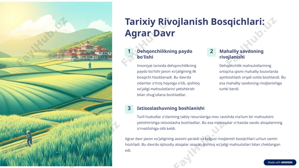 b aholi 100t yaim 25% savdo jaxon xo'jaligi insoniyatning farovonligi uchun muhim ahamiyatga ega. u iqtisodiy o'sishni rag'batlantiradi, turmush darajasini oshiradi va xalqlar o'rtasida hamkorlikni kuchaytiradi. jaxon xo'jaligining kelajak vazifalari - barqaror rivojlanishni ta'minlash, iqtisodiy tengsizlikni kamaytirish va global muammolarni hal qilishda hamkorlik qilishdir. ushbu taqdimotimizda jaxon xo'jaligining evolyutsiyasi va o'zbekistonning undagi o'rni haqida ma'lumot berdik. umid qilamizki, bu ma'lumotlar siz uchun foydali bo'ldi. 11 image1.png image2.png image3.png image4.png image5.png image6.png image7.png image8.png image9.png image10.png image11.png image12.png image13.png image14.png image15.png image16.png image17.png image18.png image19.png image20.png image21.png image22.png image23.png image24.png image25.png image26.png image27.png image28.jpg