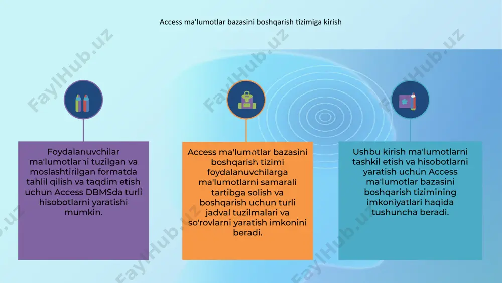 ridan foydalanishlari mumkin. access-dagi hisobotlar ma'lumotlarni vizual va informatsion formatda taqdim etish usulini taqdim etadi. foydalanuvchilar hisobotlarni filtrlar, saralash opsiyalari va dizayn dizayni yordamida professional ko‘rinishdagi natijalarni yaratishi mumkin. accessda asosiy hisobotlarni yaratish 1 2 3 access ma'lumotlar bazasini boshqarish tizimi foydalanuvchilarga turli jadval tuzilmalari, so'rovlar va hisobotlarni osonlikcha yaratish imkonini beradi. oddiy jadvallardan murakkab munosabatlargacha, access ma'lumotlar bazasini yaratish uchun qulay interfeysni taqdim etadi. access ning asosiy xususiyatlaridan biri bu asosiy hisobotlarni tez va samarali yaratish qobiliyatidir. foydalanuvchilar osonlik bilan ma'lumotlarni umumlashtirishi va boshqalar bilan tushunish va almashish uchun qulay formatda ko'rsatishi mumkin. yangi boshlovchi yoki tajribali foydalanuvchi bo'lasizmi, access maxsus talablaringizga javob beradigan professional ko'rinishdagi hisobotlarni yaratishda yordam beradigan vositalar va funksiyalarni taklif etadi. access yordamida siz maʼlumotlaringizni vizual tarzda jozibali va tartibli tarzda namoyish qilishingiz mumkin. hisobot sxemalarini moslashtirish 1 2 3 2 access ma'lumotlar bazasini boshqarish tizimida foydalanuvchilar ma'lumotlarni samarali tartibga solish uchun turli jadval tuzilmalarini …