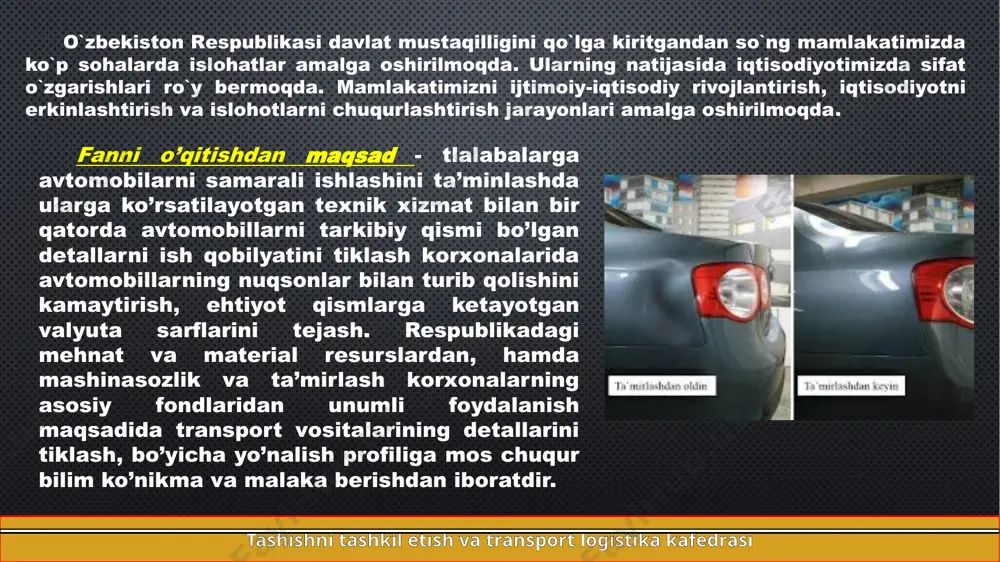 a kafedrasi transport vositasining ekspluatatsiya muddati oshgan sari detallarning yeyilishi va nosozliklar natijasida uning texnik holati asta-sekin yomonlashib boradi: dvigatel quvvati va harakat texnik tezligi pasayadi, yonilg`i sarfi va yeyilish jadalligi o`sadi, boshqaruv qulayligi yomonlashadi, texnik xizmat ko`rsatish va ta’mirlash hajmi ortadi, ishonchliligi pasayadi. qtv- ishlab chiqarish uchun ketadigan sarflarga (loyihalash, ishlab chiqarish, sinash, ishlatish joyga yetkazish va boshqa sarflar); qd(l) -тransport vositasi ishlaganda olinadigan daromad; qe(l)- ekspluatatsion sarflar (texnik xizmat ko’rsatish, ta’mirlash va boshqalar). ltq- transport vositasining tannarxini qoplash masofasi, ming km; lmax- eng yuqori samaradorlikka erishiladigan masofa, ming km; le- transport vositasidan foydalanish iqtisodiy maqbul masofasi, ming km. lch- transport vositasining chegaraviy holatigacha ishlash masofasi, ming km; ta’mirlash – bu avtomobillarni ishga yaroqliligini ta’minlash va ularning ish xolatini tiklash uchun zarur bulgan operatsiyalar yig`indisidir. 2. shaхsiy avtоmоbillarga teхnik хizmat ko`rsatish va ta’mirlash (tхkvat). ish hajmiga va qo`yilgan maqsadning mazmuniga qarab ta’mirlash ikki xil turga bo`linadi: joriy ta’mirlash avtomobillardan …