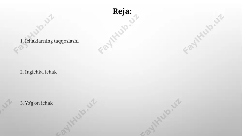 tonda bu kasalliklar keng tarqalgan. ingichka ichakning tuzilishi ingichka ichakning ichki yuzasi ko'plab barmoqsimon o'simtalar – vorsinkalar bilan qoplangan bo'lib, ularning umumiy maydonini sezilarli darajada oshiradi va ozuqa moddalarining so'rilishini tezlashtiradi, masalan, 25 kvadrat metrgacha. ingichka ichakning uzunligi o'rtacha 6-7 metrni tashkil etadi va u uch qismga: o'n ikki barmoq ichak, och ichak va yonbosh ichakka bo'linadi, bu esa oziq-ovqatning hazm bo'lish jarayonini samarali bajaradi. yo'g'on ichakning kasalliklari кичик ичакнинг ичак инфекциялари, хусусан, салмонелла бактерияси билан зарарланиши тошкент вилоятидаги 20-30 ёшли ёшлар орасида кўпроқ тарқалган ва ўртача 5-7 кун давом этади. йирик ичакнинг яллиғланиши бўлган колит касаллиги ўзбекистонда 50 ёшдан ошган аёллар орасида кўпроқ учрайди ва унинг 10% ҳолатлари ярали колитга айланиши мумкин. yo'g'on ichakning mikrobiomasi ingichka ichakning mikrobiomasi 10 12 dan ortiq bakteriyalarni, shu jumladan bifidobacteria va lactobacillus kabi foydali turlarini o'z ichiga oladi, ular oziq-ovqat hazm qilishda muhim rol o'ynaydi va immunitet tizimini qo'llab-quvvatlaydi. yo'g'on ichakning mikrobiomasi tarkibida …