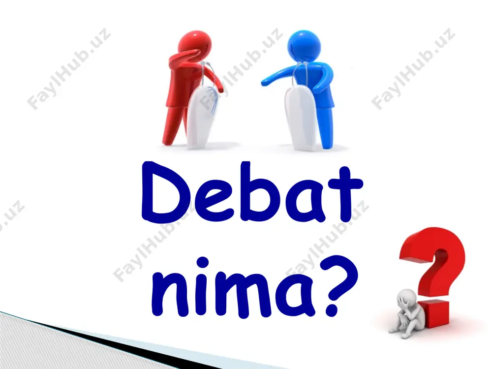 amol, osmon bulut.) xulosa chiqariladi isbot + tushuntirish + ariza (x: shuning uchun mеn uydan chiqmayman). chappa-rosta savollar t 1 i 3 i 2 t 3 t 2 i 1 hamma bilan salomlashadi va o`z jamoasini taqdim etadi. debatning mavzusini e’lon qilib, uni tasdiqlaydi va ahamiyatini ochib beradi. tushunchalarni ta’riflaydi kriteriyni taqdim etib, tasdiqlaydi. argumentlarni birma-bir taqdim etadi: argument 1 … argument 2 … … xulosa chiqarib, o`z nutqini quyidagi so`zlar bilan tamomlaydi: “chappa-rosta savollarga javob berishga tayyorman”. i 3 ning savollariga javob berib, o`zi i 2 ga savol beradi. (barcha argumentlarni faqat t1 taqdim etadi) t 1 – 6 daqiqa hamma bilan salomlashadi va o`z jamoasini taqdim etadi. debatning mavzusini e’lon qilib, uni inkor etadi va tarafining ahamiyatini ochib beradi. agar t-jamoasining tushunchalarining ta’riflari ma’qul kelmasa, o`z tushunchalarini taqdim etadi. t jamoaning kriteriysini qabul qiladi yoki o`z kriteriysini taqdim etadi. t jamoasining hamma argumentlarini birma-bir inkor etadi. o`z argumentlarini …