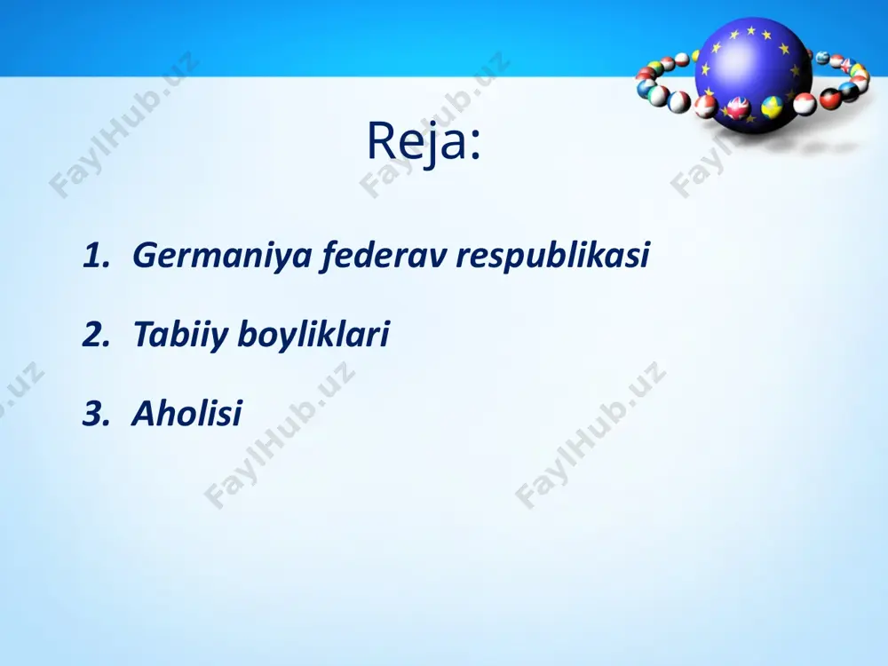 olari – reyn, elba, vezer, ems (shimoliy va boltiq dengizlari havzalari) va dunay (qora dengiz havzasi). ikki nemis davlati birlashganidan so‘ng mamlakat aholisi keskin ko‘paydi va hozir 81,0 mln. kishini tashkil qiladi davlat tili – nemis tili.. aholining eng ko‘p qismi nemislar, qolganlari – dunyoning turli davlatlaridan kelgan muhojirlardan iborat ustuvor din – xristian dini. mamlakatda 40 mln. protestantlar, 35 mln. katoliklar mavjud. janub va g‘arbda katoliklar ko‘p uchraydi, qolgan hududlarda protestantlar ustunlikka ega. image2.jpeg image3.jpeg image4.jpeg image5.jpeg image6.jpeg image7.jpeg image8.jpeg image9.jpeg image10.jpeg image11.jpeg image12.jpeg image13.jpeg image14.gif image15.jpeg image16.jpeg image17.jpeg image18.jpeg image19.jpeg image20.jpeg image21.jpeg image22.jpeg image23.jpeg image24.jpeg image1.jpeg