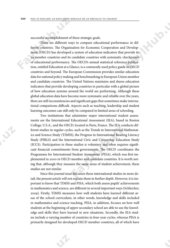 oals. here are diferent ways to compare educational performance in dif- ferent countries. he organisation for economic cooperation and develop- ment (oecd) has developed a system of education indicators that provide its 34 member countries and its candidate countries with systematic checkpoints of educational performance. he oecd’s annual statistical reference publica- tion, entitled education at a glance, is a commonly used policy guide in oecd countries and beyond. he european commission provides similar education data for national policy making and benchmarking in european union member and candidate countries. he united nations maintains and shares education indicators that provide developing countries in particular with a global picture of how education systems around the world are performing. although these global education data have become more systematic and reliable over the years, there are still inconsistencies and signiicant gaps that sometimes make interna- tional comparisons diicult. aspects such as teaching, leadership and student …