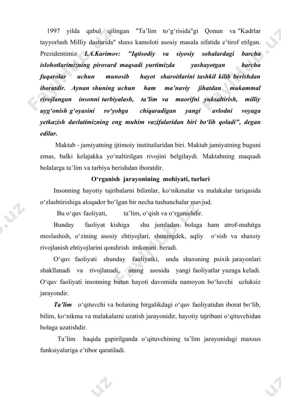 nda o‘quv faoliyatida bolaga tegishli faoliyat nazarda tutiladi ham o‘quv faoliyatiga taaluqli bo‘lib, lekin ko‘proq bu tushuncha ishlatilganda o‘quv faoliyatida bolaga tegishli faoliyat nazarda tutiladi yuqorida ko‘rib o‘tilgan uch tushuncha ham o‘quv faoliyati mazmuniga taaluqlidir. o‘qishning natijasi haqida gapirilganda o‘rganish tushunchasidan foydalaniladi. o‘quv faoliyatini o‘qituvchi va bolaning o‘zaro ta’siriga asoslangan o‘quv-bilish jarayoni sifatida turli tomondan tavsiflaganda, biz to‘rt tushunchadan ham foydalanamiz, o‘qituvchi va bola ta’sirining qaysi jihati nazarda tutilayotganligiga bog‘liq ravishda biriga urg‘u beramiz. dastlab o‘rganish haqidagi masalasiga to‘xtalamiz. rivojlanish bilan bog‘liq barcha narsani o‘rganish deb aytish mumkin emasligini ta’kidlash joiz. masalan, unga organizmning biologik jihatdan yetilish jarayonlarini kiritish mumkin emas. chunki organizmning biologik jihatdan yetilishi ta’lim va o‘rganishga bog‘liq emas. lekin o‘rganish deb ataladigan barcha jarayonlar yetilishga umuman bog‘liq emas deb bo‘lmaydi.bu barcha olimlar tomonidan tan olingan. lekin rivojlanish qay darajada yetilish bilan bog‘liqligini aniqlash muhim. o‘rganish doimo ma’lum darajada organizmning biologik yetilishiga tayanadi. masalan, bolaga bosh miyadagi nutq …