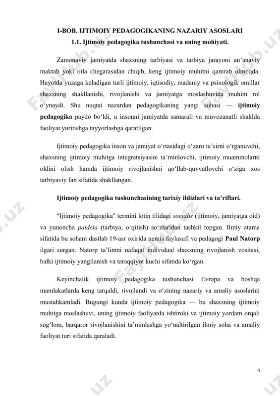 ko‘rgan. keyinchalik ijtimoiy pedagogika tushunchasi evropa va boshqa mamlakatlarda keng tarqaldi, rivojlandi va o‘zining nazariy va amaliy asoslarini mustahkamladi. bugungi kunda ijtimoiy pedagogika — bu shaxsning ijtimoiy muhitga moslashuvi, uning ijtimoiy faoliyatda ishtiroki va ijtimoiy yordam orqali sog‘lom, barqaror rivojlanishini ta’minlashga yo‘naltirilgan ilmiy soha va amaliy faoliyat turi sifatida qaraladi. ijtimoiy pedagogikaning ta’riflari. turli olimlar ijtimoiy pedagogikani quyidagicha ta’riflaydilar: · ijtimoiy pedagogika — shaxsning ijtimoiy muhitga moslashishi, ijtimoiy faoliyatga kirishi, o‘zini jamiyatda to‘liq anglashiga qaratilgan tarbiyaviy va ijtimoiy yordam faoliyati. · bu fan ijtimoiy muammolarga qarshi kurashish, ijtimoiy integratsiya jarayonlarini qo‘llab-quvvatlash va ijtimoiy xavf ostidagi guruhlarni himoya qilish bilan shug‘ullanadi. · shuningdek, ijtimoiy pedagogika ijtimoiy taraqqiyot va barqarorlikni ta’minlashda shaxsning axloqiy, madaniy va fuqarolik qobiliyatlarini shakllantirishga yordam beradi. ijtimoiy pedagogikaning asosiy vazifalari. ijtimoiy pedagogikaning mohiyati uning vazifalarida yaqqol namoyon bo‘ladi. u quyidagi asosiy yo‘nalishlarda faoliyat ko‘rsatadi: 1. shaxsning ijtimoiylashuvi jarayonini qo‘llab-quvvatlash ijtimoiy pedagogika shaxsning o‘zini jamiyatga moslashtirishi, ijtimoiy qoidalar va …