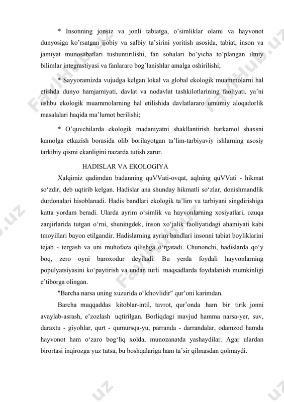 - darrandalar, odamzod hamda hayvonot ham o‘zaro bog‘liq xolda, munozanatda yashaydilar. agar ulardan birortasi inqirozga yuz tutsa, bu boshqalariga ham ta’sir qilmasdan qolmaydi. biz qo‘riqxona deb ataganlarimiz ming yil ilgari ham bo‘lgan. qur’oni karimning "a’nom"sur’asida "yer yuzidagi barcha hayvonlar va qushlar ham sizlarga o‘xshagan ummatlaridir" deyiladi. muqqadas kitoblar xadislarni, o‘qish natijasida tabiatga hurmat bilan qarash, har bir jonzotga mehr shafqatda bo‘lish hissi qaror topgan,o‘ziga xos ekologik ta’lim vujudga keldi. mas.islomda ba’zi bir maxsus joylarda hayvonlarni o‘ldirish, daraxtlarni kesish,o‘simliklarni nobud qilish man etilgan. muxammad payg‘ambarimiz xadislarida shunday moddalarni uchratamiz: 176. ekmoq niyatida qo‘lingizda ko‘chat turgan paytda, behosdan qiyomat qoin bo‘lishi aniq bo‘lganda ham ulgursangiz uni ekib ko‘yavering. 22. bu tilsiz hayvonlar to‘g‘risida alloxdan qo‘rqinglar. ularni yaroqli mininglar va yaroqli qilib yenglar. 478. kimki hayotda tejamkor bo‘lsa, zinxor qashoqlikka tutmaydi. 497. qaysi bir mo‘min biror ekin eksa,mevali daraxt o‘tkazsa, ularni qushlar, odamlar yoki hayvonlar yesa, bu sadaqa xukmidan bo‘ladi. 545. qush olloxning …