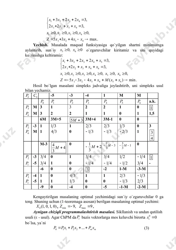 kamida bittasi nolga teng bo`lsa, chiziqli programmalashtirish masalasi aynigan chiziqli programmalashtirish masalasi deyiladi va bazis vektorlarga mos keluvchi bazis reja esa aynigan reja bo`ladi. yuqorida, simpleks usulni asoslash jarayonida chiziqli programmalashtirish masalalarini aynumagan deb faraz qilgan edik. bu farazga ko`ra simpleks usulning har bir iteratsiyasidan so`ng chiziqli funksiyaning qiymati kamaya borishini va chekli sondagi iteratsiyadan so`ng u o`zining optimal qiymatiga erishishi mumkinligini ko`rsatgan edik. agar masalaning bazis rejasi aynigan reja bo`lsa, (4) bo`lishi mumkin. u holda bir bazis rejadan ikkinchisiga o`tganda, chiziqli funksiyaning qiymati o`zgarmaydi. ba`zan bunday masalalarni yechish jarayonida sikllanish holati, ya`ni ma`lum sondagi iteratsiyadan so`ng oldingi iteratsiyalardan birortasiga qaytish holati ro`y berishi mumkin. sikllanish holati ro`y bergan masalalarda optimal reja hech qachon topilmaydi. sikllanish odatda, bazis rejadagi birdan ortiq bo`lgan holatlarda ro`y berishi mumkin. birdan ortiq vektorlar uchun bo`lganda bazisdan chiqariladigan vektorni to`g`ri aniqlash sikllanish holatini oldini olishda katta ahamiyatga egadir. bundan ko`rinadiki, aynigan masalalarni yechishga moslashtirilgan usullar …