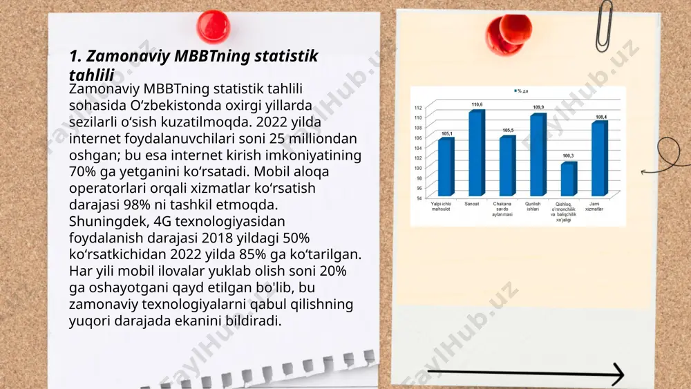 rish tizimi) ko'pincha katta hajmdagi ma'lumotlarni qayta ishlashni talab qiladi. har yili o'rtacha 5 milliondan ortiq tibbiy yozuvlar statistik tahlildan o'tadi. tahlil natijalariga ko'ra, aholining 60% kasalliklarining 30% tekshiruv protseduralari orqali aniqlanadi. mbbt tizimlari diagnostika aniqligi 85% ga etadigan natijalar taqdim etishi mumkin. tekshiruv ma'lumotlari, davolanish va profilaktik chora-tadbirlar yuzasidan hisobotlar taqdim etiladi. tizimning samaradorligini oshirish uchun sun'iy intellekt algoritmlari qo'llaniladi, bu esa tahlillar aniqligini 90% dan yuqoriga ko'taradi. ... t.me/slaydai_bot 7. mbbt ma'lumotlarining vizualizatsiyasi mbbt (ma'lumotlar bazasini boshqarish tizimi) ma'lumotlarining vizualizatsiyasi ma'lumotlarning yanada oson tushunilishi va tahlil qilinishini ta'minlaydi. vizualizatsiya vositalari diagrammalar, grafiklar va jadval ko'rinishida berilishi mumkin, bu esa murakkab ma'lumotlarni yengillashtiradi. masalan, ustunli va aylana diagrammalar orqali ma'lumotlarni foizlar bilan taqdim etish mumkin. power bi, tableau, va google data studio kabi vositalar ma'lumotlarni ko'rsatishda keng qo'llaniladi. data-driven qarorlar qabul qilishda vizualizatsiya zarur, chunki inson miyasi vizual ma'lumotni matnga qaraganda 60,000 baravar tezroq qabul qiladi. statistikaga ko'ra, vizual …