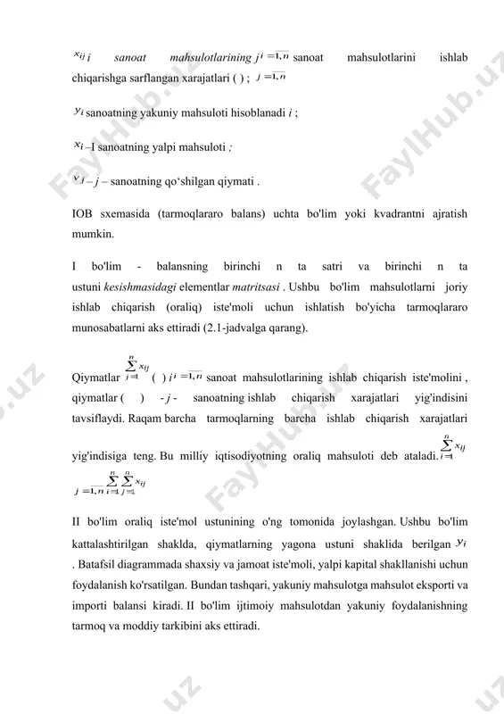 o'zgarmagan deb hisoblanadi. narxlarning o'zgarishi sanoat tarmoqlaridagi narxlar indeksi ( ) bilan tavsiflansin. ushbu taxminlar ostida mob sxemasining i va iii bo'limlari jadvalda ko'rsatilganidek yoziladi. 2.2. narxlarni prognoz qilish uchun balans nisbati shaklga ega . (2.7) 2.2-jadval joriy narxlarda mobning i va iii sxema bo'limlari ishlab chiqarish tarmoqlari iste'mol qiluvchi tarmoqlar 1 2 … n 1 … 2 … … … … … … n … ish haqi … foyda … asosiy kapitalni iste'mol qilish … bilvosita soliqlar … subsidiyalar … yalpi ishlab chiqarish … misol. uchta tarmoqdan iborat shartli iqtisodiyot uchun meb sxemasi hisobot davrida ma'lum: ishlab chiqarish tarmoqlari sanoat - iste'molchilar yakuniy foydalanish yalpi ishlab chiqarish 1 2 3 1 90 40 50 yuz 280 2 70 60 40 90 260 3 50 60 20 40 170 yalpi qo'shilgan qiymat (gva) 70 yuz 60 230 yalpi ishlab chiqarish 280 260 170 710 1) yalpi mahsulot rejalashtirish davrida ma'lum …