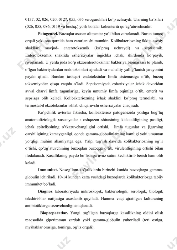 asallikning paydo bo’lishiga uvuz sutini kechiktirib berish ham olib keladi. immunitet. nosog’lom xo’jaliklarda birinchi kunida buzoqlarga gamma-globulin ichiriladi. 10-14 kundan katta yoshdagi buzoqlarda kolibakteriozga tabiiy immunitet bo’ladi. diagnoz laboratoriyada mikroskopik, bakteriologik, serologik, biologik tekshirishlar natijasiga asoslanib quyiladi. hamma vaqt ajratilgan kulturaning antibiotiklarga sezuvchanligi aniqlanadi. biopreparatlar. yangi tug’ilgan buzoqlarga kasallikning oldini olish maqsadida giperimmun zardob yoki gamma-globulin yuboriladi (teri ostiga, myshaklar orasiga, tomirga, og’iz orqali). bo’g’oz sigirlarni emlash ham katta samara beradi. bunda buzoq uvuz bilan maxsus antitelolar oladi. kolostral immunitet ham zardobli immunitet kabi 2-3 hafta saqlanadi. mamlakatimizda e. soli ning ko’pgina shtammlari va bir nechta salmonella shtammlari kulturalarini formalin bilan o’ldirilgan koli-salmonellyozli vaksina ishlab chiqilgan. bug’oz sigirlar ikki marta emlanadi orasi 10-14 kun. viev koliprotektanti (qizdirish yo’li bilan o’ldirilgan esherixiyalar) buzoqlarga birinchi emdirishda uvuz suti bilan bir necha bor berish taklif etilgan. polivalentli koli-gertner-fag ham muvoffaqiyat bilan buzoqlarga enteral, teri ostiga, mo’shaklar orasiga yuborib qo’llaniladi. antibiotiklar yoki sulfanilamid, nitrofuran …