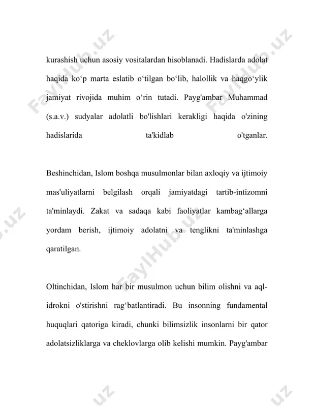 u orqali inson huquqlarini hurmat qilish va o'zaro hurmat muhimligi ta'kidlanadi. muhammad sallallohu alayhi vasallam nochor va ehtiyojmand odamlarning huquqlariga ham katta e'tibor berishni buyurganlar. hadislarning birida shunday deyiladi: "yosh bolalarga mehribonlik qiling, ularga tarbiya bering, ayollaringizni hurmat qiling, nochor va ehtiyojmandlarga yordam bering." bu hadis inson huquqlarining muhim jihatlarini — mehribonlikni, ta'limni va yordamni qamrab oladi. inson huquqi deb e'tirof etiluvchi huquqlardan biri bu sog’liq huquqi bo'lib, bu hadislarda ham aks etadi. payg'ambarimiz muhammad sallallohu alayhi vasallam: "sog’lom tanadan sog’lom ruh chiqadi", deganlar. bu esa sog’lom turmush tarzini va jismonan hamda ruhiy jihatdan gutarli hayot kechirish huquqini ta'kidlaydi. moliyaviy va iqtisodiy huquqlar ham hadislarda muhim o'rin tutadi. hadislarning birida: "birovning haqini azgina bo'lsa ham yemang", deganlar. bu iqtisodiy adolat va moliyaviy muomala madaniyatiga doir huquqlarni kafolatlaydi. insonlar o'rtasidagi moliyaviy munosabatlarda halollik va adolat muhimligi ta'kidlangan. har bir insonning yashash, oziq-ovqat, suv va asosiy hayotiy zaruratlar qondirilishi huquqlarini ta'minlash islomda …