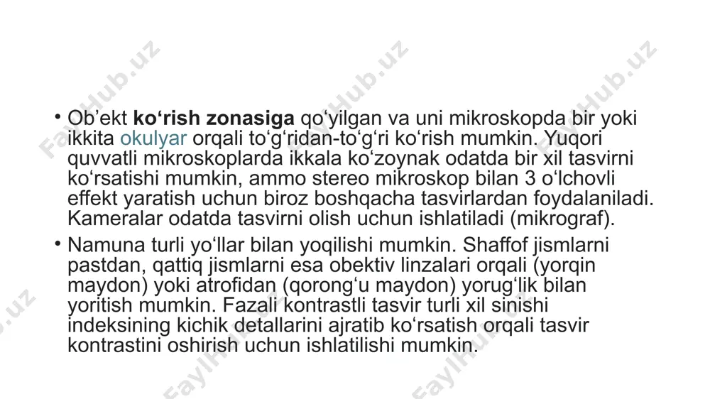 sorlardan foydalaniladi; u linzalar tizimidan iborat. mikrokondentorlarga iris diafragmasi oʻrnatiladi. mikrokondensorlarning tuzilishi ham har xil; baʼzilari bitta linzasi olib qoʻyiladigan qilib yasaladi, bu hol mikroobyektlarni tekshirishni osonlashtiradi. mikroskopda tekshiriladigan preparatlar oʻzidan yorugʻlik chiqarmaydi, shu sababli uni yoritish lozim. obʼyektni yoritishning turli usullari mavjud. uning yoritilishiga qarab tasvir kontrastlari (aniqligi) ortadi. mikroskopning tarkibi va tuzilishi mikroskopning tarkibi va tuzilishi ikkita asosiy qismni, ya'ni mikroskopning mexanik qurilmasi va mikroskopning optik tizimini o'z ichiga oladi. quyida ushbu ikki qism bilan batafsil tanishamiz mikroskopning mexanik qismi: 1. oynali trubka mikroskopning yuqori qismida dumaloq va ichi bo'sh uzun nay bo'lib, nay og'zining yuqori uchida okulyar o'rnatilgan va pastki uchi ob'ektiv konvertorga ulangan. funktsiya tasvirning optik yo'li va yorqinligini himoya qilishdir. 2. konvertor oyna trubasining pastki uchida o'rnatiladi, ikki qatlamga bo'linadi, yuqori qatlam sobit bo'ladi va pastki qatlam aylanish uchun erkindir. har xil kattalashtirishdagi past yoki yuqori kattalashtiruvchi linzalarni o'rnatish uchun konvertorda 2-4 dumaloq teshik mavjud. …