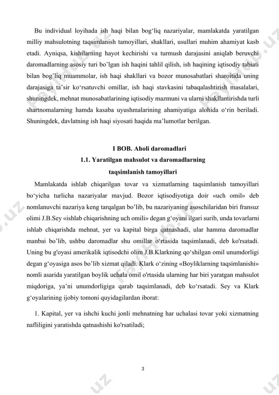 nidan yaratilgan qo'shilgan mehnat unumdorligining kamayib borish qonuni turli omillaming bir-biriga mosligi ta’minlanmagan, xarajatlar oshirib borilgan hamda ilmiy-texnika taraqqiyoti mutlaqo to'xtab qolgan davrga mos kelib, hozirgi zamon rivojlangan bozor iqtisodiyoti sharoitiga to'g'ri kelmaydi. 3. sey va klark aytganlaridek, hozirgi davrda yaratilgan milliy mahsulotning hammasi bu uchala omilning miqdori va unumdorligiga qarab taqsimlanmaydi, balki uning amortizatsiya ajratmalari, markazlashgan fondlar tashkil qilingandan qolgan qismi shu omillarga qarab uning egalari o'rtasida taqsimlanadi. shuningdek boshqa oqim vakillari lassalchilar mehnat hamma boylikning va madaniyatning manbaidir, shuning uchun hamma daromad jamiyat a’zolari o'rtasida teng taqsimlanishi zarur, deb ko'rsatadilar. lassalchilar, birinchidan, boylik faqatgina mehnatning natijasi bo'lmasdan, uni yaratishda yer va tabiiy resurslar hamda kapital qatnashishini, ya’ni uning nafliligi har uchala omil natijasi ekanligini unutdilar. ikkinchidan, ularning yaratilgan mahsulotni barcha jamiyat a’zolari o'rtasida teng taqsimlash zarur degan g'oyalari mutlaqo noto'g'ri bo'lib, bunday holatda mahsulotni ko'paytirishga ishlab chiqaruvchilar o'rtasida hech qanday qiziqish bo‘lmasligi o‘z-o‘zidan tushunarlidir. mana shu yuqoridagi aytilgan …