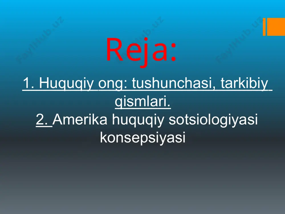 ar jamiyatda qanday ishlashi va amalga oshirilishiga qaratilgan. 2. huquq va ijtimoiy o'zgarishlar: huquq jamiyatdagi ijtimoiy o‘zgarishlarga javoban o‘zgaradi yoki o‘zgarishlarni keltirib chiqarishi mumkin. masalan, fuqarolik huquqlari harakatlari, ayollar huquqlari yoki mehnat huquqlari sohasida qonunlarning rivojlanishi bu jarayonning yaqqol misolidir. 3. huquq va hokimiyat: max weber kabi olimlar huquqning jamiyatdagi hokimiyat tuzilmalari bilan qanday bog‘liq ekanini o‘rganishgan. ularning tadqiqotlari huquqiy tizimlarning byurokratik shakllarini va bu tizimlar qanday qilib ijtimoiy tartibni mustahkamlash uchun foydalanilishini tahlil qiladi. 4. huquqning ijtimoiy nazorati: huquq ijtimoiy nazoratning vositasi sifatida qaraladi. yuridik qoidalar odamlarning xatti-harakatlarini boshqarish, nizolarni hal qilish va jamiyatda adolatni ta’minlashga qaratilgan. bu masala william graham sumner va roscoe pound kabi olimlar tomonidan keng o‘rganilgan. 5. huquqiy plyuralizm: amerika huquqiy sotsiologiyasi ko‘p madaniyatli va turli xil huquqiy tizimlar mavjud bo‘lgan jamiyatlar uchun mos keladigan huquqiy plyuralizm konsepsiyasini rivojlantirgan. bu jamiyatda bir nechta huquqiy tizimlar bir vaqtning o‘zida amal qilishi mumkinligini anglatadi (davlat huquqi, diniy …