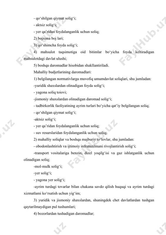 hisobidan shakllantiriladi. mahalliy budjetlarining daromadlari: 1) belgilangan normativlarga muvofiq umumdavlat soliqlari, shu jumladan: -yuridik shaxslardan olinadigan foyda solig‘i; - yagona soliq toiovi; -jismoniy shaxslardan olinadigan daromad solig‘i; - tadbirkorlik faoliyatining ayrim turlari bo‘yicha qat’iy belgilangan soliq; - qo‘shilgan qiymat solig‘i; -aktsiz solig‘i; - yer qa’ridan foydalanganlik uchun soliq; - suv resurslaridan foydalanganlik uchun soliq; 2) mahalliy soliqlar va boshqa majburiy to‘lovlar, shu jumladan: - obodonlashtirish va ijtimoiy infratuzilmani rivojlantirish solig‘i; -transport vositalariga benzin, dizel yoqilg‘isi va gaz ishlatganlik uchun olinadigan soliq; -mol-mulk solig‘i; -yer solig‘i; - yagona yer solig‘i; -ayrim turdagi tovarlar bilan chakana savdo qilish huquqi va ayrim turdagi xizmatlami ko‘rsatish uchun yig‘im; 3) yuridik va jismoniy shaxslardan, shuningdek chet davlatlardan tushgan qaytarilmaydigan pul tushumlari; 4) bozorlardan tushadigan daromadlar; 5) boshqa daromadlar hisobidan shakllantiriladi. 3 davlat budjeti va davlat maqsadli jamg'armalari budjetlari xarajatlari qismining ijrosi hisobi mavzusida davlat budjeti va davlat maqsadli jamg‘armalari budjetlari xarajatlarini ijro etish tartibi, davlat …