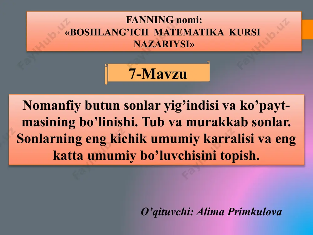 ub sonlar jadvalini tuzishning qulay usulini eramizdan avvalgi iii asrda aleksandriyada yashagan grek matematigi va astronomi eratosfen aniqlagani uchun u eratosfen g'alviri deb ataladi. eratosfen g'alviri 1 2 3 4 5 6 7 8 9 10 11 12 13 14 15 16 17 18 19 20 21 22 23 24 25 26 27 28 29 30 31 32 33 34 35 36 37 38 39 1-ta’rif. 𝑎 va 𝑏 butun sonlarning ikkalasiga ham bo’linadigan son shu sonlarning umumiy bo’luvchisi deyiladi. 2-ta’rif. 𝑎 va 𝑏 natural sonlar umumiy bo’luvchilarining eng kattasi shu sonlarning eng katta umumiy bo’luvchisi deyiladi, uni ekub(𝑎, 𝑏) ko’rinishda belgilanadi. 3-ta’rif. agar ekub(𝑎, 𝑏) = 1 bo’lsa, u holda 𝑎 va 𝑏 natural sonlar o’zaro tub sonlar deyiladi. 4-ta’rif. a va b sonlarining musbat umumiy karralilari ichida eng kichigi shu sonlarning eng kichik umumiy karralisi deyiladi va u ekuk(𝑎, 𝑏) orqali belgilanadi. (ekub) va (ekuk) har qanday murakkab …