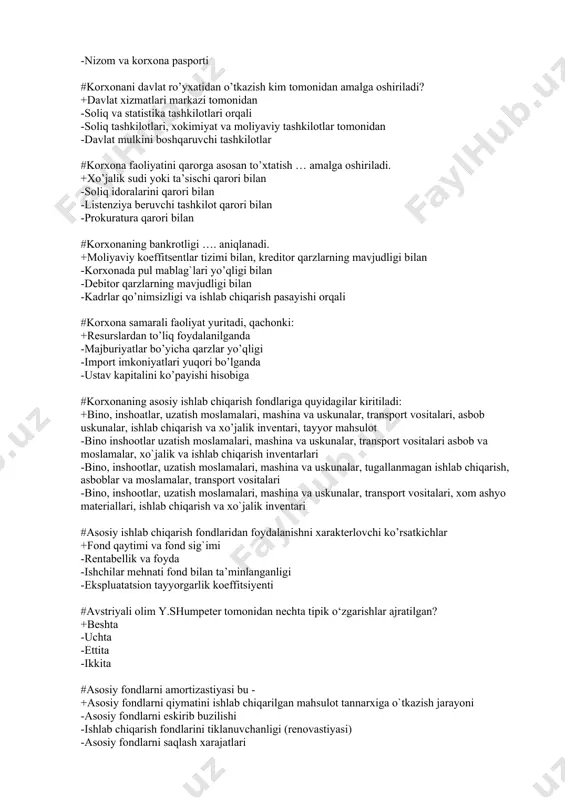 da pul mablag`lari yo’qligi bilan -debitor qarzlarning mavjudligi bilan -kadrlar qo’nimsizligi va ishlab chiqarish pasayishi orqali #korxona samarali faoliyat yuritadi, qachonki: +resurslardan to’liq foydalanilganda -majburiyatlar bo’yicha qarzlar yo’qligi -import imkoniyatlari yuqori bo’lganda -ustav kapitalini ko’payishi hisobiga #korxonaning asosiy ishlab chiqarish fondlariga quyidagilar kiritiladi: +bino, inshoatlar, uzatish moslamalari, mashina va uskunalar, transport vositalari, asbob uskunalar, ishlab chiqarish va xo’jalik inventari, tayyor mahsulot -bino inshootlar uzatish moslamalari, mashina va uskunalar, transport vositalari asbob va moslamalar, xo`jalik va ishlab chiqarish inventarlari -bino, inshootlar, uzatish moslamalari, mashina va uskunalar, tugallanmagan ishlab chiqarish, asboblar va moslamalar, transport vositalari -bino, inshootlar, uzatish moslamalari, mashina va uskunalar, transport vositalari, xom ashyo materiallari, ishlab chiqarish va xo`jalik inventari #asosiy ishlab chiqarish fondlaridan foydalanishni xarakterlovchi ko’rsatkichlar +fond qaytimi va fond sig`imi -rentabellik va foyda -ishchilar mehnati fond bilan ta’minlanganligi -ekspluatatsion tayyorgarlik koeffitsiyenti #avstriyali olim y.shumpeter tomonidan nechta tipik o‘zgarishlar ajratilgan? +beshta -uchta -ettita -ikkita #asosiy fondlarni amortizastiyasi bu - …