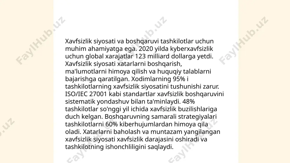 mdir. parollarning kuchli bo‘lishi uchun kamida 8 belgidan iborat bo‘lishi, katta-kichik harflar, raqamlar va maxsus belgilarni o‘z ichiga olishi tavsiya etiladi. har 3-6 oyda parollarni yangilash foydalidir. dvu-factorli autentifikatsiya qo‘shimcha himoya qatlamini ta’minlaydi. statistika ko‘rsatishicha, foydalanuvchilarning 81 foizi bir xil paroldan bir nechta sayt va xizmatlarda foydalanadi, bu xavfli hisoblanadi. parol menejerlari, masalan, lastpass yoki 1password, parollarni himoyalangan holda saqlashda va ularni boshqarishda yordam berishi mumkin. phishing hujumlarning ko‘pligi sababli ehtiyotkorlik muhimdir. tarmoq xavfsizligi asoslari: xavfsizlik tahdidlari, firewall, ids |ips tizimlari va boshqa xavfsizlik vositalari. raximberiyeva mavjudaxon e'tiboringiz uchun raxmat! image1.png image2.png image3.png image4.jfif image5.jpg image6.jfif image7.jfif /docprops/thumbnail.jpeg