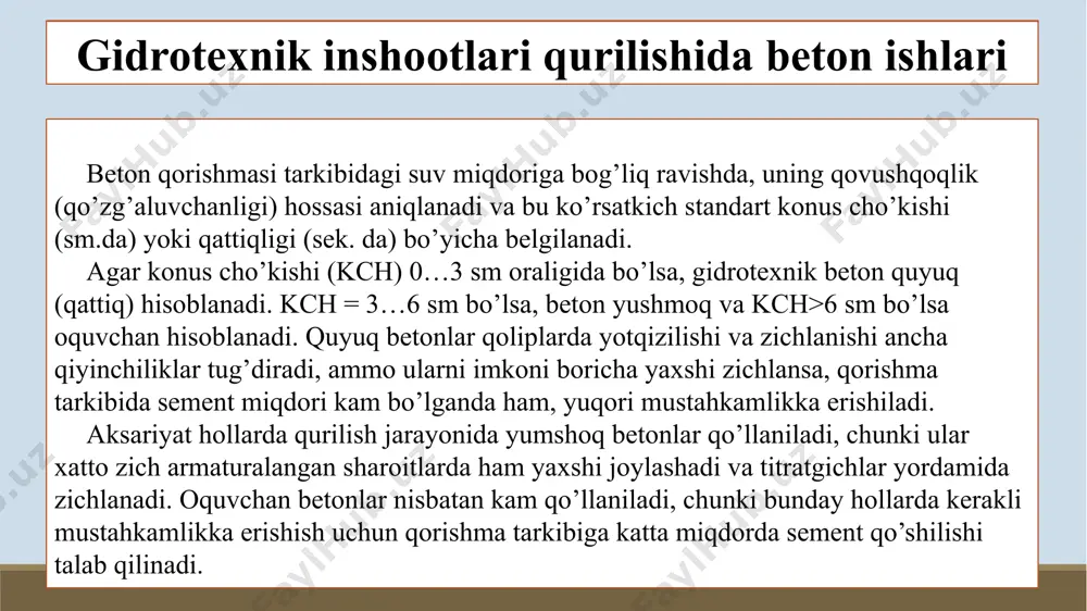 i boshlanguncha, u kerakli joyga yetkazilib, yotqizilib va zichlanishi talab qilinadi. shu sababli ko’pchilik holatlarda beton qorishmasini bevosita qurilish maydonida yoki unga yaqin masofada tayyorlash tashkil qilinadi. foydalanilgan adabiyotlar i.axmedov “gidromelioratsiya ishlarini tashkil qilish va texnologiyasi” toshkent 2008 www.studfiles.uz www.referat.arxiv.uz image1.tmp image2.tmp