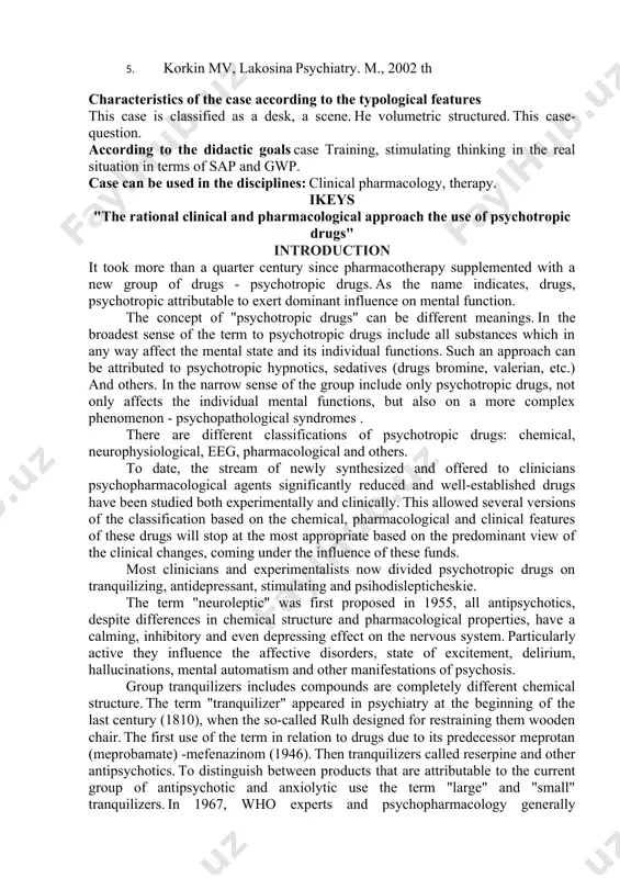 on the predominant view of the clinical changes, coming under the influence of these funds. most clinicians and experimentalists now divided psychotropic drugs on tranquilizing, antidepressant, stimulating and psihodislepticheskie. the term "neuroleptic" was first proposed in 1955, all antipsychotics, despite differences in chemical structure and pharmacological properties, have a calming, inhibitory and even depressing effect on the nervous system. particularly active they influence the affective disorders, state of excitement, delirium, hallucinations, mental automatism and other manifestations of psychosis. group tranquilizers includes compounds are completely different chemical structure. the term "tranquilizer" appeared in psychiatry at the beginning of the last century (1810), when the so-called rulh designed for restraining them wooden chair. the first use of the term in relation to drugs due to its predecessor meprotan (meprobamate) -mefenazinom (1946). then tranquilizers called reserpine and other antipsychotics. to distinguish between products that are attributable to the current group of antipsychotic and …