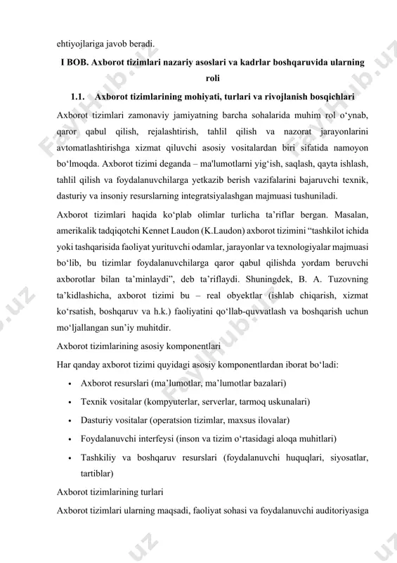 tmalar, to‘lovlar, hisob-kitoblar kabi ko‘p sonli transaksiyalarni boshqarish uchun xizmat qiladi. 6. axborot qidiruv tizimlari va portallar – foydalanuvchilarga tezkor va aniqlik bilan kerakli ma’lumotlarni topishda ko‘maklashadi (masalan, ish qidirish saytlarida bo‘sh o‘rinlarni topish). axborot tizimlarining rivojlanish bosqichlari axborot tizimlari taraqqiyoti insoniyatning ilmiy-texnik rivojlanish bosqichlari bilan chambarchas bog‘liq. ularni quyidagi tarixiy davrlarga ajratish mumkin: 1. qo‘lda boshqarish bosqichi (1950-yillargacha) – axborotlar faqat qog‘ozda, arxivlarda saqlangan, hisoblashlar oddiy kalkulyatorlar yordamida bajarilgan. 2. kompyuterlashtirishning boshlanishi (1950–1970 yillar) – katta hajmdagi ma’lumotlarni qayta ishlash uchun asosiy (mainframe) kompyuterlar paydo bo‘ldi, avtomatlashtirilgan tizimlar vujudga keldi. 3. avtomatlashtirish bosqichi (1970–1990 yillar) – axborotlarni tez va ishonchli qayta ishlovchi tizimlar ommaviy joriy etildi, mis va dss tizimlari keng rivojlandi. 4. tarmoqlash bosqichi (1990–2000 yillar) – internet va lokal tarmoqlar orqali axborot tizimlari bog‘landi, global tizimlar yuzaga keldi. 5. raqamli transformatsiya va sun’iy intellekt bosqichi (2000-yildan hozirgacha) – bulutli texnologiyalar, iot, big data, ai va blockchain asosidagi …