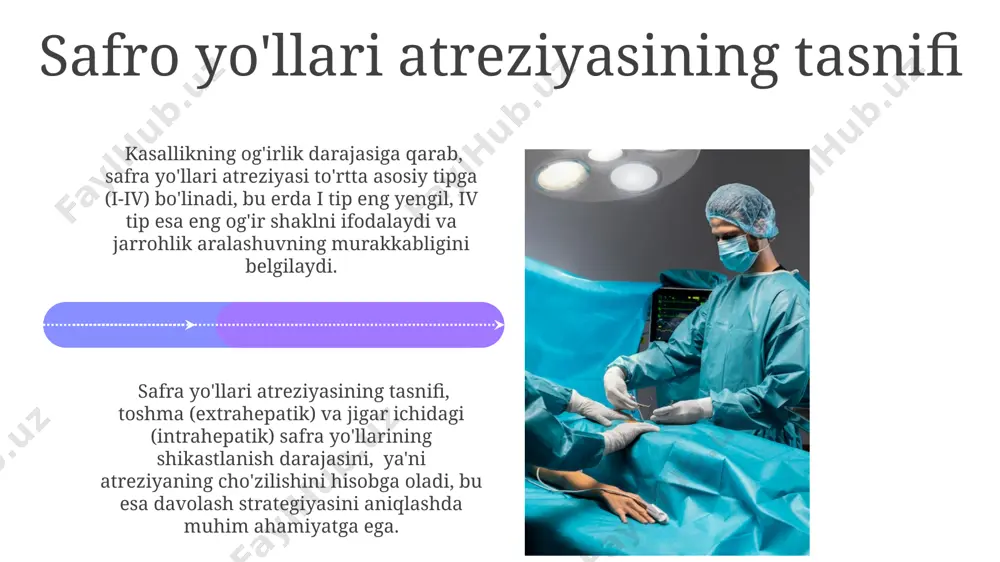 li xil turlari (lateral yoki terminal) qo‘llaniladi va jarrohlik amaliyotining murakkabligi bemorning holatiga va jarrohning tajribasiga bog‘liq bo‘lib, taxminan 3-5 soat davom etadi. porto-kaval şunt operatsiyasi jigar sirrozi bilan og‘rigan bemorlarda portal bosimni pasaytirish uchun o‘tkaziladi, bu esa asoratlarni, masalan, oshqozon-ichak qon ketishini kamaytirishga yordam beradi va 5 yillik omon qolish darajasini 70% gacha oshiradi. kasallikning jarrohlik bosqichlari operatsiya, jigar parenximasiga minimal shikast yetkazishga qaratilgan holda, 2-3 sm uzunlikdagi ikkita chok bilan o't yo'llarining atreziyasi joylashgan qismiga yaqinlashishni o'z ichiga oladi. operatsiyadan keyingi davrda gemostazni ta'minlash uchun 1-2 ta drenaj qo'yiladi va antibakterial profilaktika o'tkaziladi. mumkin bo'lgan asoratlar operatsiyadan keyin infektsiyalar, masalan, peritonit (qorin parda yallig'lanishi) 15% gacha hollarda uchraydi va antibiotik terapiyasi, drenajlash va boshqa intensiv terapiya choralari kerak bo'ladi. porto-kaval shuntingdan keyin jigar yetishmovchiligi rivojlanish xavfi 20% ga yaqin, bu esa bemorning umumiy ahvolini sezilarli darajada yomonlashtiradi va qo'shimcha davolanishni talab qiladi. adabiyotlar biliyar atreziya va porto-kaval shunt …