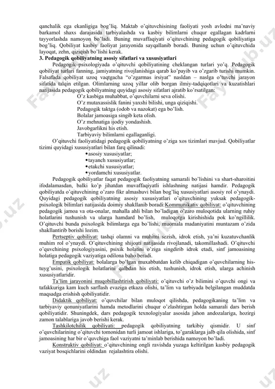 n, odamzodga xos eng yuksak ma’naviy ezgulikka undaydigan olijanob g’oya sifatida ulug’langan. mazkur g’oyani yosh avlod ongiga singdirishda o’qituvchi kadrlarning roli beqiyos. bu esa ulardan avvalo mukammal kasb qobiliyatiga ega bo’lishni, bilimi, mahorati, ilmiy-nazariy va amaliy salohiyatidan oqilona foydalanishni taqozo etadi. respublikamiz prezidenti i.a.karimov ta’kidlaganidek: «biz iqtisodiy o’nglanish, iqtisodiy tiklanish, iqtisodiy rivojlanishni ma’naviy o’nglash, ma’naviy poklanish, ma’naviy yuksalish harakatlari bilan tamomila uyg’un bo’lishni» - istayotgan bir davrda yashayapmiz. bu istak esa yoshlar ta’lim – tarbiyasi bilan shug’ullanayotgan kasb egalarini yuksak kasbiy tayyorgarlikka, g’oyaviy – siyosiy e’tiqodga, tashkilotchilik va boshqaruvchilik malakalariga ega bo’lish lozimligini taqozo qilmoqda. chunonchi, bu hol ta’lim tizimi va kasb-hunar ta’limi muassasalari yangilanayotgan, ta’lim - tarbiyaning mazmuni, shakli, usullari, vositalari majmuiga, o’quv – tarbiya jarayoniga o’zbekona urf – odatlar faol kirib borayotgan bir sharoitda yuz bermoqda. bu o’zgarishlar har bir o’qituvchini yangicha fikrlashga, sharqona ish yuritishga, tadbirkorlikka, ishbilarmonlikka, ma’naviy – ma’rifiy ishlarning faol ishtirokchisi bo’lishga undaydi. shuning uchun …