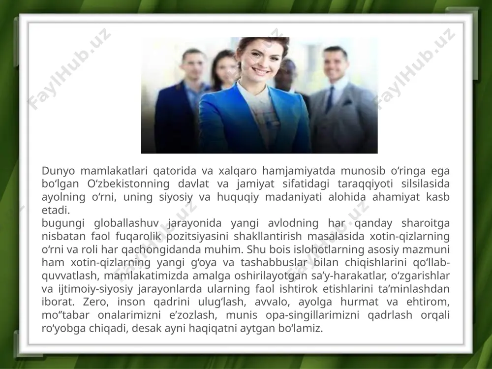inchidan, oila va xotin-qizlar bilan professional tarzda ishlashga ixtisoslashtirilgan yangi davlat organi – oila va xotin-qizlar davlat qo‘mitasi tashkil etildi; ikkinchidan, xotin-qizlarni qo‘llab-quvvatlash, ularning huquq va qonuniy manfaatlarini himoya qilish sohasidagi yagona davlat siyosatining asosiy yo‘nalishlari belgilab berildi; uchinchidan, xotin-qizlar bilan ishlashning yangi mexanizmi – mahallalarda xotin-qizlar bilan maqsadli va manzilli tartibda ishlash amaliyoti belgilab berildi; to‘rtinchidan, xotin-qizlar huquqlarini ta’minlash hamda ularni tazyiq va zo‘ravonlikdan himoya qilish maqsadida yangi huquqiy mexanizmlar – prokuratura organlarining ushbu sohasidagi qonunchilik ijrosi ustidan nazorati joriy etildi; beshinchidan, xotin-qizlarga ta’lim olishlari, ilmiy-ijodiy faoliyat bilan shug‘ullanishlari uchun davlatning yangi kafolatlar va imtiyozlar paketi joriy etildi; oltinchidan, xotin-qizlarning tadbirkorlik faoliyatini qo‘llab-quvvatlash, ularning munosib turmush kechirishlariga ko‘maklashishni nazarda tutuvchi amaldagi mexanizmlar takomillashtirildi; yettinchidan, xotin-qizlarning sog‘lig‘ini saqlash, xotin-qizlarga xos bo‘lgan kasalliklarni barvaqt aniqlash va oldini olish onalikni muhofaza qilishga qaratilgan yangi tizim joriy etildi; sakkizinchidan, xotin-qizlar bilan muloqot qilishning yangi mexanizmlari joriy etilmoqda va muloqotning yangi, samarali platformalariga asos …