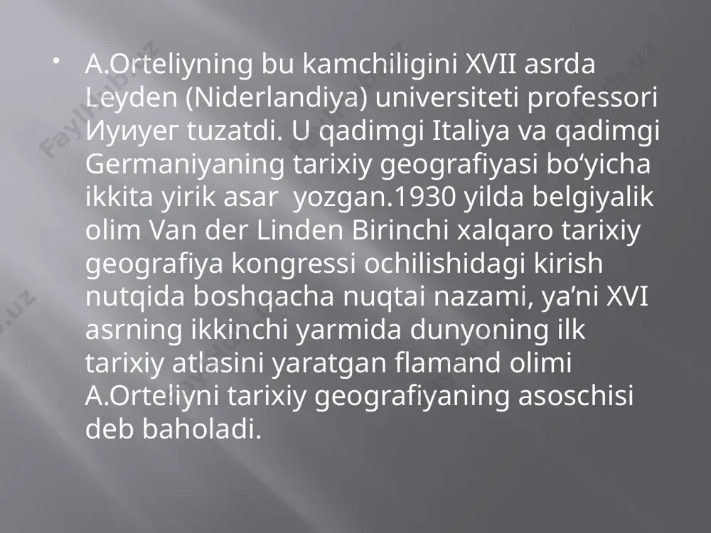 sharhlangan. tarixiy geografiya bilan geografiya tarixini farql ay bilish kerak. geografiya tarixiy geografiya fanining bo`limi bo`lib, geografiya fanining rivojlanishi tarixini , sayohat l ar tarixini, erning hududiy kashf et ilishi bilan bog'liq hol da o`rganadi . geografiya fanining muammolari tarixiy geografiya fani oldida ol dida turgan muammolar bo`lishi mumkin, o`tmishning aniq geografiyasi bo`lishi mumkin emas. tarixiy geografiya o`t mish tarixining aniq geografiyasini o`rganadi . demak. tarixiy geografiya fani tarix fanlari si rasiga kirib, insoniyat tarixini o`tgan davrlari geografiyasini o`rganadi. bo`lib o`tgan voqeaqhodisalarning tarixiy haqiqiy bahol ash uchun o`sha davrning tarixiy geografiyasini yaxshi bilish kerak. bu narsa o`zbekiston tarixini, o`rta osiyo tarixini ob`ektiv, ilmiy asoslangan holda o`rganishda katta ahamiyat kasb etadi . tarixiy geografiya zamonaviy geografiya kabi o`z bo`limlariga ega: 1.tabiiy tarixiy geografiya. 2.aholishunoslik tarixiy geografiyasi . 3.xo`j alik geografiyasi yoki tarixiy i qt isodiy geografiya. 4.siyosiy tarixiy geografiya. so`nggi bo`limga ichki va tashqi chegaralar geografiyasi, siyosiy ma`muriy bo`linishlar, shaharlarvа qal`alar …