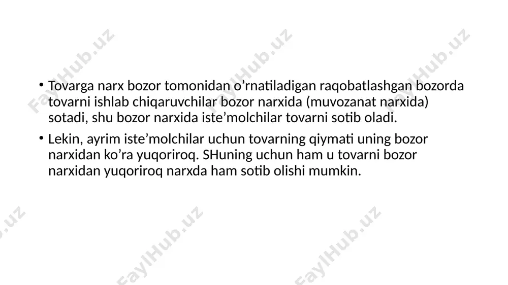 ’molchining sarfi 25 ga teng. umumiy iste’molchi yutug’ini grafikda aniqlash 10 8 9 6 7 pe=5 6 5 4 3 2 1 e 0 ishlab chiqaruvchi yutug’ining grafikdagi tasviri ishlab chiqaruvchi ortiqchaligi p s pe e q d narx davlat tomonidan nazorat qilinganda iste’molchi va ishlab chiqaruvchi yutug’ining grafikdagi tasviri p s b pe e c a p*max d q q2 qe q1 narx davlat tomonidan nazorat qilinganda elastik bo’lmagan talabdagi yo’qotishlar p b s e pmax pe c a 0 q d qe minimal narx o’rnatilishi natijasidagi yo’qotishlar grafigi d p s pmin a pe b c d q1 qe q2 q narxni barqaror bo’lishini ta’minlash q2 q0 q1 p p* pe q 0 d+d d s e b a f2 f1 nazorat uchun savollar davlatning iqtisodiy siyosati deganda nimani tushunasiz? davlatning iqtisodiy siyosatini baholashda iste’molchi va ishlab chiqaruvchi yutug’idan qanday foydalanish mumkin? ishlab chiqarish hajmini cheklash qanday oqibatlarga …