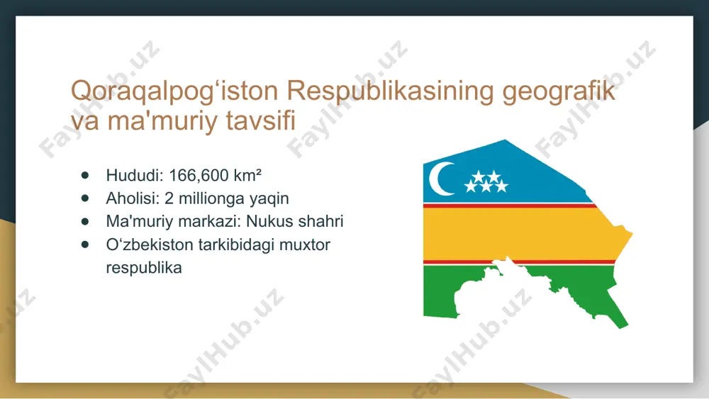 ijtimoiy rivojlanish yangi uy-joylar qurildi. elektr va gaz ta’minoti yaxshilandi. oila va an’analar oila institutiga e’tibor kuchaytirildi. qoraqalpoq an’analari saqlanib qoldi. xulosa va kelajak istiqbollari mustaqillik yillarida qoraqalpogʻiston respublikasi ijtimoiy, iqtisodiy va madaniy jihatdan sezilarli darajada rivojlandi. e’tiboringiz uchun rahmat! kelajakda texnologik va ekologik loyihalar davom ettiriladi. turizm va investitsiya imkoniyatlari kengaymoqda.