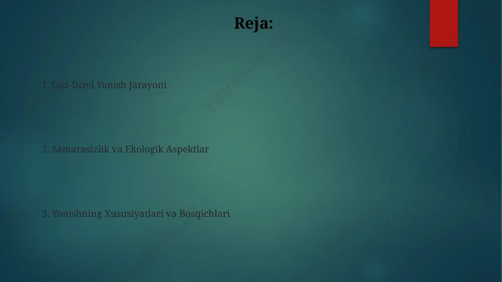 риш корхоналаридаги тажрибаларда тасдиқланган. kengayish bosqichi va ish bajarish kengayish bosqichida yonish mahsulotlarining hajmi taxminan 7-10 marta ortadi, bu esa silindr ichidagi bosimni 5-7 mpa gacha oshiradi va pistonni pastga qarab harakatlantiradi. ish bajarish bosqichining davomiyligi, 0,03 sekund atrofida bo'lib, bu davr mobaynida piston 10-15 sm ga siljiydi, shu bilan mexanik energiya hosil bo'ladi. gaz-dizel yonish jarayoni: kirish gaz-dizel yonish jarayonida, 1 litr yoqilgʻidan 30-40% gacha energiya yoʻqotilishi, issiqlik shaklida tarqalib, atrof muhitni ifloslantiradi, bu esa jahon miqyosidagi muammo hisoblanadi. gaz-dizel yonish jarayonining samaradorligi, taxminan 40-50%, benzinli dvigatellardan yuqori boʻlib, germaniyaning avl kompaniyasining tadqiqotlarida tasdiqlangan. yoqilg‘ining atomizatsiyasi va aralashmasi ёнилғининг дизель двигателидаги атомизация жараёни ёндириш камерасининг геометриясига, 200-300 бар босимдаги инжекторнинг тешик диаметрига ва ёнилғининг физик хусусиятларига, масалан, ёпишқоқлигига боғлиқ. ёнилғининг ҳаво билан аралашувининг самарадорлиги ҳавонинг турбулентлиги ва ёндириш камерасининг шаклига боғлиқ бўлиб, германиядаги исботланган тадқиқотларда бу кўрсаткич 90% гача етиши мумкинлиги кўрсатилган. e'tiboringiz uchun rahmat @taqdimot_robot image6.jpg image7.jpg image8.jpg …