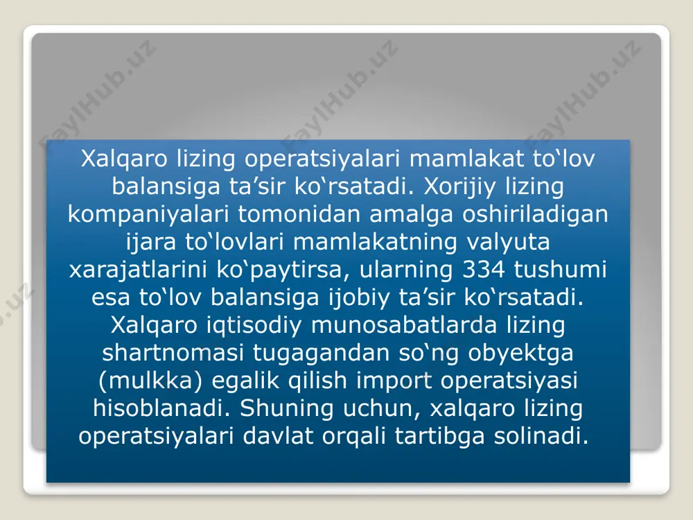 alari tomonidan amalga oshiriladigan ijara to‘lovlari mamlakatning valyuta xarajatlarini ko‘paytirsa, ularning 334 tushumi esa to‘lov balansiga ijobiy ta’sir ko‘rsatadi. xalqaro iqtisodiy munosabatlarda lizing shartnomasi tugagandan so‘ng obyektga (mulkka) egalik qilish import operatsiyasi hisoblanadi. shuning uchun, xalqaro lizing operatsiyalari davlat orqali tartibga solinadi. davlatlarning qo‘llab-quvvatlashiga qaramasdan, jahon bozoridagi kuchli raqobat, milliy qonunchiliklarning, hisob-kitob usullarining va soliqqa tortish tartiblarining o‘zaro mos kelmasligi hisobiga xalqaro lizing o‘z taraqqiyot yo‘lida qiyinchiliklarga duch kelmoqda. e’tiboringiz uchun rahmat! image3.png image1.jpeg /docprops/thumbnail.jpeg