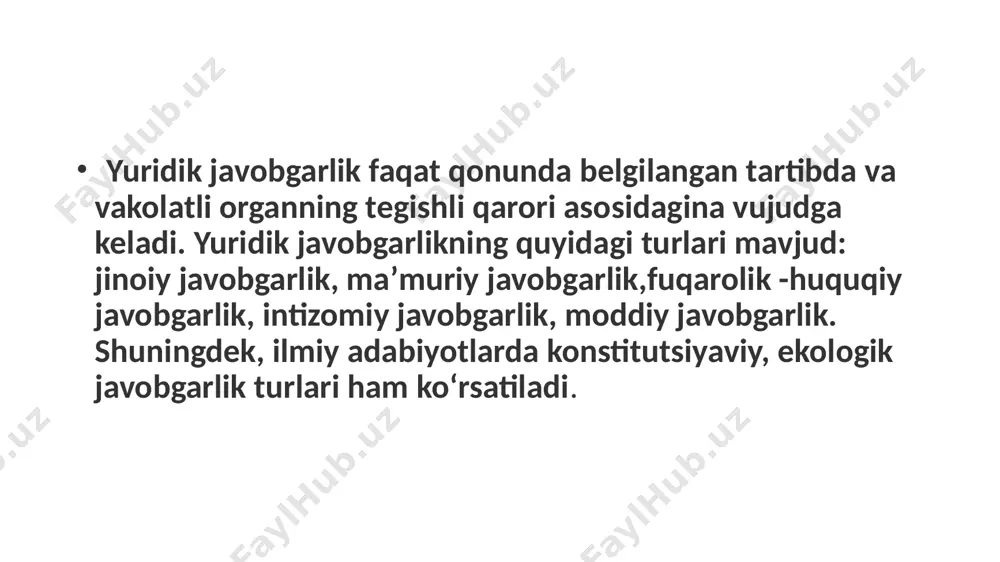 buzish natijasida kelib chiqadi. fuqaroviy-huquqiy javobgarlik choralariga tegishli majburiyatni majburiy bajartirish, zararni undirish, neustoyka, jarima, penya va boshqalar kiradi. intizomiy javobgarlik –korxona va tashkilotlarda belgilangan tartibqoidalarni buzish oqibatida kelib chiqadi. intizomiy-huquqiy javobgarlikning belgilanish holatlari mehnat kodeksi, korxonava tashkilotlarning ichki mehnat tartib-qoidalari hamda maxsus nizomlarda nazarda tutiladi. intizomiy javobgarlik mehnat va xizmat intizomini, harbiy va boshqa intizomni buzish bilan bog‘liq bo‘lib, ularga idoraning ichki tartib-qoidalarini buzish, ishga kech kelish yoki ishdan barvaqt ketish va hokazo. intizomiy huquqiy jazo chorasini qo‘llash ichki ishlar organlari, mansabdor shaxslar va tegishli vakolatga ega bo‘lgan rahbarlar (ma’muriyat) tomonidan amalga oshiriladi. mehnat intizomini buzgan xodimlar korxona, tashkilot va muassasa ma’muriyati tomonidan javobgarlikka tortiladilar. fuqaro aviatsiyasi, temir yo‘l transporti xodimlari, sudyalar va boshqa ayrim toifa xodimlarning intizomiy javobgarligi to‘g‘risidagi masala maxsus intizomiy komissiyalar tomonidan tegishli nizomlar asosida ko‘rib chiqib, hal etiladi. yuridik javobgarlik jamiyat qatlamini jazolash uchun emas, balkim muhitdagi holatni tartibga solish, o'zaro munosabatlarni tartibga soladi. konstitutsiya …
