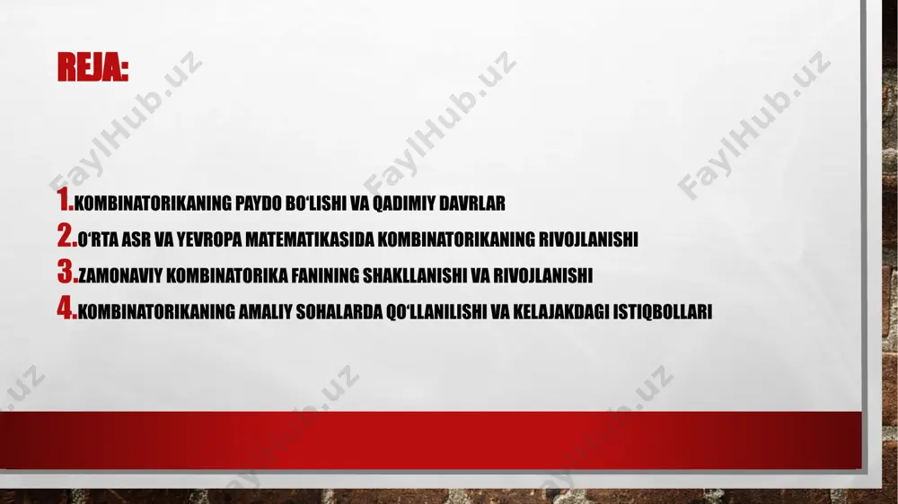 atikada, balki ehtimollar nazariyasi, statistika va fizika sohalarida ham qo‘llanila boshlandi. 3. zamonaviy kombinatorika fanining shakllanishi va rivojlanishi xx asrda kombinatorika fanining rivojlanishi yangi bosqichga ko‘tarildi. bu davrda kombinatorika nazariyasi murakkablashib, graph theory (graf nazariyasi), optimizatsiya, kodlash nazariyasi kabi sohalar bilan chambarchas bog‘landi. zamonaviy kombinatorika nafaqat matematik nazariy bilimlar yig‘indisi, balki kompyuter fanlari, algoritmlar va sun’iy intellekt sohalarida keng qo‘llanilmoqda kombinatorik metodlar murakkab masalalarni yechishda, ma’lumotlarni tuzishda va optimallashtirishda muhim ahamiyat kasb etadi. bugungi kunda kombinatorika ilm-fanning rivojlanayotgan tarmoqlaridan biri bo‘lib, unga katta e’tibor qaratilmoqda. 4. kombinatorikaning amaliy sohalarda qo‘llanilishi va kelajakdagi istiqbollari kombinatorika fani nafaqat nazariy matematikada, balki amaliy sohalarda ham muhim ahamiyatga ega. masalan, informatsion texnologiyalar, kriptografiya, kompyuter dasturlash, biologiya va iqtisodiyotda kombinatorik usullar keng qo‘llaniladi. hozirgi kunda kombinatorik usullar yordamida murakkab tizimlarni modellashtirish, optimallashtirish va muammolarni hal qilish imkoniyati ortmoqda. kelajakda kombinatorika sun’iy intellekt, katta ma’lumotlar va kvant hisoblash sohalarida yanada ko‘proq qo‘llanilishi kutilmoqda. shuning uchun kombinatorikaning …