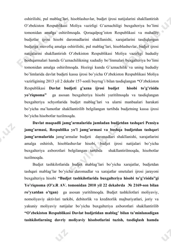 harajatlarni yuritilishi; · budjet tashkilotlarida soha hususiyatlari bo’yicha hisobni tashkil etilishi va boshqalar. budjet hisobini alohida hususiyatlari buxgalteriya hisobi vazifalariga qo’shimcha yanada aniqroq vazifalar kiritilishini talab etadi. ya’ni tasdiqlangan budjet ijrosini to’g’ri tashkil etish, moliya-budjet intizomiga rioya qilish va boshqalar. yuqoridagi vazifalarni umumlashtirib budjet hisobi funktsiyasini quyidagicha aks ettirish mumkin (chizma). chizma. budjet hisobining funktsiyalari. nazorat funktsiyasi - orqali budjet mablag’laridan maqsadli foydalanish mulklarni saqlanishi, tayinlanishi bo’yicha sarflanishi tizimi yo’lga qo’yiladi. budjet hisobida nazoratni uchta turi qo’llaniladi: dastlabki nazorat; joriy nazorat; keyingi nazorat. dastlabki nazorat - smetalarni tuzish va tasdiqlash jarayonida amalga oshiriladi. unda budjet intizomiga rioya qilinishi shuningdek qonunchilik talablari buzilishi oldi olinadi. joriy nazorat – budjet ijrosi jarayonida amalga oshirilib, sodir bo’lgan muomalalarini qonuniyligi, pul mablag’larini oqilona sarflanishi, mulkiy qiymatliklar bo’yicha hisob ma’lumotlarini haqiqiy holatga mosligi, hisoblashuvlar holati va boshqalar nazorati amalga oshiriladi. keyingi nazorat – umumlashtirish bosqichi uchun zarur bo’lib, hisob va hisobot axborotlarini qonuniyligini aniqlash uchun …