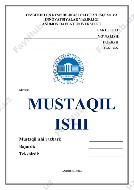 ’qituvchisi orziqulov husniddin to’lqin o’g’lining 2022-2023 o’quv yili uchun ustoz – shogird ishlari andijon – 2023 o’zbekiston respublikasi oliy ta’lim,fan va innovatsiyalar vazirligi andijon davlat universiteti pedagogika fakulteti umumiy pedagogika kafedrasi o’qituvchisi orziqulov husniddin to’lqin o’g’lining 2022-2023 o’quv yili uchun ma’naviy-ma’rifiy ishlari andijon – 2023 oliy ta’lim , fan va innovatsiyalar vazirligi zahiriddin muhammad bobur nomidagi andijon davlat universiteti “ijtimoiy iqtisodiyot” fakulteti “iqtisodiyot” kafedrasi “inson resurslarini boshqarish” yo`nalishi 4-kurs talabasi _____________________________________________________ning ______________________________________________da o`tkazilgan (korxona,tashkilot) malakaviy amaliyot bo`yicha hisoboti ro`yxatga olindi №______ «____»______________2023 y. amaliyot rahbari: _________________________________ himoya qilingan sana «____»___________________2023 y. hay`at a`zolari: ________________________ ________________________ ________________________ baho: _________ andijon – 2024 image1.png image2.png