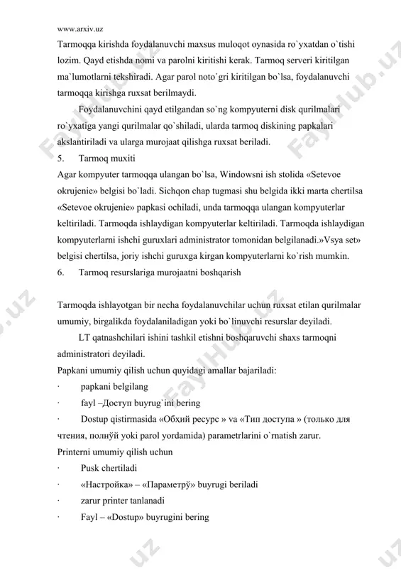 on tizim tarkibiga ushbu tizim kiritilgan va ms ni boshqa mahsulotlari bilan moslashgan. odatda quyidagi papkalar yaratiladi: · входяҳие– bu papkaga barcha kiruvchi xabarlar joylashtiriladi · исходяҳие-bu papka birlamchi xabarlarni adresatga jo`natgungcha vaqtincha saqlash uchun mo`ljallangan. · отправленное-bu papkaga jo`natilgan xabarlarni nusxalari joylashtiriladi. · кo`pchilik tizimlar elektron pochta xabarlari orasiga qistirilgan (dasturlar, grafika, animasiya, ovoz va video) faylarni uzatishi imkoni bor. ms mail xabari orasiga qistirib jo`natishda mumkin bo`lgan ma`umotlarni asosiy turlari quyida keltirilgan: · matn. fayl odatdagi ansi matni kabi xabar orasiga kiriladi. · qistirma. xabarda belgi bo`ladi, u faylni mazmunini belgilaydi. fayl ayrim qistirma sifatida xabar bilan birga jo`natiladi · birlamchi faylga boglangan qistirma ushbu xolda xabar matniga belgi joylashtiriladi, ya`ni faylga ishorat o`rnatiladi. xabar bilan boglangan faylga murojaat ruxsat etilgan bo`ladi. a birgalikdagi ruxsat etilgan murojaat qanday tashkil etiladi? foydalanilgan adabiyotlar: 1. s.s.g`ulomov va boshqalar. axborot tizimlari va texnologiyalari. toshkent ,2000 y 2. кenjaboev o. zamonaviy axborot …