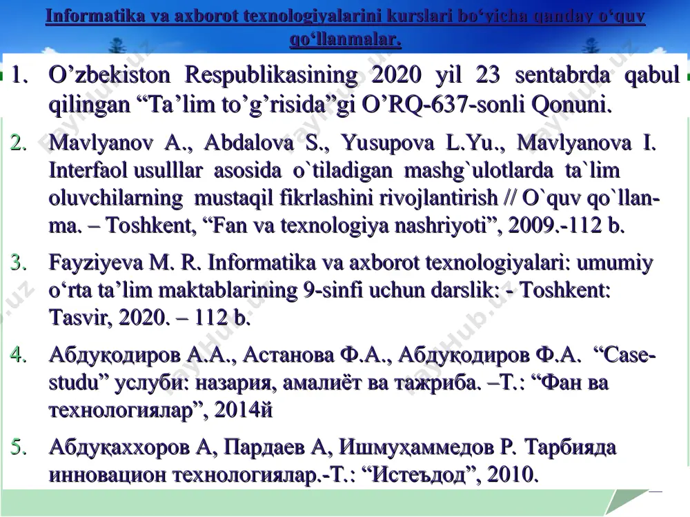 rini аniqlаsh. визуал тақдимот нима учун керак? мулоқотни яхшилаш учун вақтни тежаш учун мотивацияни ошириш учун тақдимотни ўтказиш методикаси тақдимотнинг афзалликлари кўргазмалилик мотивация тизимлилик самарали натижа такдимотчининг вазифалари маъруза тайёрлаш аудиторияга етказа олиш таълим воситаларини тўғри қўллай олиш тақдимот мақсади диққатни тўплаш, қизиқтириш, ишонтириш! тақдимотни олиб бориш қоидалари кийиниш маданияти тақдимотнинг бошланиши ва якуни нутқи (сўзлаш усули, риторика) ҳаракат билан ифодалаш (жестикуляция) таълим воситаларини тўғри қўллай олиш вақт таксимоти такдимотни олиб бориш қоидалари сизга ҳеч қачон иккинчи имконият берилмайди (1-дарсингиз) тингловчиларда илк ижобий таассурот қолдириш учун “тақдимотни жозибали бошланг ва якунланг” тақдимотни олиб бориш қоидалари муҳими нима гапирилганда эмас нима тушунганликда тақдимотни олиб бориш қоидалари берилаётган материални қисқа ва лўнда баён этинг мисол келтиринг ва таққосланг муҳим маълумотларни такрорланг “мен”дан кўра “биз” сўзини кўпроқ қўлланг слайдларни ўзгартираётганда изоҳ бериб боринг аудитория билан визуал алоқани йўқотманг ўзингизни ишончли ва эркин тутинг ҳаракатларингизни маромида ва қўлларингиз олд томонда эркин бўлсин тақдимот қилаётганда …