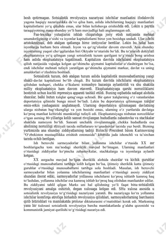 odamlar o„rtasidagi mulkiy va huquqiy tengsizlikni ilohiy kuchlar irodasi bilan ifodalashga harakat qilar edi. feodalizmga o„tish bilan bog„liq yangi ijtimoiy guruhlar: feodallar va dehqonlar sinfining vujudga kelishi ular o„rtasidagi ziddiyatni shaklan biroz yumshatdi. zamindorlar dehqonlarga anchagina yon bosishdi: ularga oila qurish, hosilning muayyan ulushini olish huquqi berildi. biroq zamindorlar mafkurasi feodallar, ular ichidagi tabaqalar: dvoryanlar, graf, markiz, gersog va hokazolarning asilzodaligi, ular oliy irq vakillari ekani ma‟budlar irodasi bilan belgilanganini asoslashga xizmat qilar edi. dehqonlarning to„la tizim shakliga kelmagan mafkurasida esa adolatli podsho, mehribon zamindor to„g„risidagi orzu-umidlar ifodalanar edi. ayni paytda bu mafkura beshafqat xo„jayinlarni qoralar edi. ko„rinib turganidek, quldorlar mafkurasi faqat quldorlar manfaatini, zamindorlar mafkurasi feodallar manfaatini ifoda va himoya qilar edi. bu mafkuralar ezilayotgan muqobil sinflar: qullar va dehqonlar manfaatini mutlaqo o„ylamas edi. kapitalizm davrida ishchilar kapitalistlar bilan shaklan teng huquqlarga ega bo„lishdi.ularning huquqiy holati va maishiy turmushi dehqonlarnikiga qaraganda shaklan ancha yuqori edi. lekin ular ham tirikchilik …
