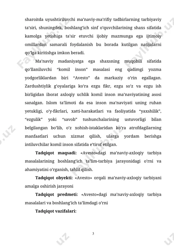 , o’zbekiston respublikasining «ta’lim to’g’risida» gi qonuni, «kadrlar tayyorlash milliy dasturi», o’zbekiston respublikasi vazirlar mahkamasi, oliy va o’rta maxsus xalq ta’limi vazirliklari tomonidan qabul qilingan qarorlar, me’yoriy hujjatlar; o’zbekiston respublikasi prezidenti i. a. karimov tomonidan ta’lim sohasida ilgari surilgan g’oyalar; «avesto», tadqiqotchi olimlarning ilmiy asarlaridan iborat. i bob. boshlang’ich sinf o’quvchilarini ma’naviy-axloqiy tarbiyalashning nazariy asoslar 1.1. tarixiy manbalar asosida boshlang’ich sinf o’quvchilarini ma’naviy-axloqiy tarbiyalash va rivojlantirish muammolari o’zbekiston o’z mustaqilligini qo’lga kiritgach, ta’lim tizimi respublikamizda amalga oshirilayotgan ijtimoiy–siyosiy, iqtisodiy va ma’naviy islohotlar sharoitida rivojlanish davriga kirdi. zero, hozirgi kunda iqtisodiy madaniyati, ma’naviy va moddiy qadriyatlarini insonparvarlik, yuksak axloqiy ideallar ruhida rivojlantirayotgan mustaqil demokratik davlatni barpo etish jarayoni amalga oshmoqda. o’zbekiston mustaqilligini mustahkamlashning muxim vazifalaridan biri milliy ma’naviyatni yuksaltirish, milliy mafkurani shakllantirishdan iboratdir. bu murakkab va dolzarb vazifani hal etish uchun bosib o’tilgan tarixiy yo’lni tahlil qilish, ijobiy va salbiy jihatlarini aniqlash, shu asosda tarbiya, ayniqsa kichik maktab yoshidagi o’quvchilarni ma’naviy …