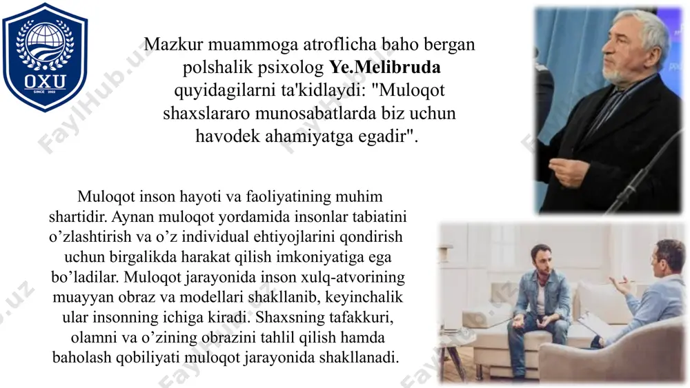sh muloqotning samaradorligini oshiradi. tinglash va tushunish faol tinglash muloqotning asosiy elementlaridan biridir. his-tuyg'ularni boshqarish o'z his-tuyg'ularini boshqarish muloqotning ijobiy natijalariga olib keladi. 10 turli muloqot uslublari va ularning xususiyatlari assertiv uslub o'z huquqlarini himoya qilish, fikrlarini ochiq va hurmatli tarzda ifoda etish. passiv uslub o'z fikrlarini bildirishdan qochish, boshqalarning fikriga ko'nikish. agressiv uslub boshqalarni hurmat qilmasdan, o'z fikrlarini ziddiyatli tarzda ifoda etish. manipulyativ uslub boshqalarni o'z maqsadlariga erishish uchun boshqarish. 11 muloqot ko'nikmalarini rivojlantirish 1 o'qish va mashq qilish muloqot psixologiyasi haqida kitoblar o'qish va mashqlar bajarish. 2 kurslar va treninglar muloqot ko'nikmalarini rivojlantirishga qaratilgan kurslarga qatnash. 3 o'zini o'zi rivojlantirish o'zini o'zi kuzatish, o'zaro ta'sirlarni tahlil qilish va kamchiliklarni bartaraf etish. 12 muloqot psixologiyasi va kundalik hayot shaxsiy munosabatlar muloqot psixologiyasi shaxsiy munosabatlarni rivojlantirishda muhim rol o'ynaydi. ish hayoti muloqot ko'nikmalari ishda muvaffaqiyatga erishish uchun muhimdir. jamiyat hayoti samarali muloqot jamiyatda tinchlik va hamjihatlikni ta'minlaydi. ipt – muloqot …