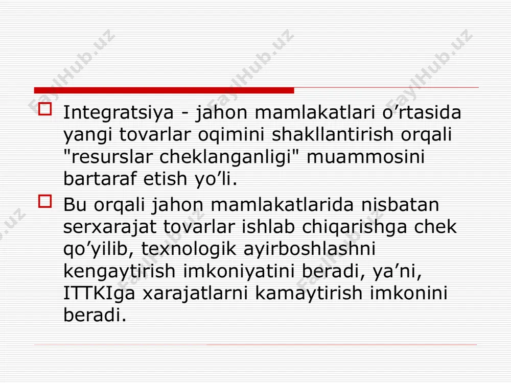 lab chiqarish sohasini sifat jihatidan yangi bosqichga olib chiqishda muhim rol o’ynamoqda. iti tashqi iqtisodiy aloqalarning ijtimoiy takror ishlab chiqarishdagi rolini oshishini ta’minlovchi muhim omildir. xullas, itining rivojlanishi u yoki bu mamlakatda alohida bir ajralgan holda to’laqonli rivojlanib bora olmaydi. milliy iqtisodiyotda ochiqlik darajasini kuchayishi jahon xo’jaligida mamlakatlarning iqtisodiy aloqalarga yanada chuqurroq kirib borishida milliy davlatlar iqtisodiyotining ochiqlik darajasi muhim rol o’ynamoqda. turli mamlakatlarga tegishli firmalarning kooperatsiyalashuvi natijasida ishlab chiqarish va investitsiyalar sohasida yirik xalqaro muammolar kelib chiqmoqda. milliy davlatlarda ochiq iqtisodiyotning shakllanishida eksportga yo’naltirilgan ishlab chiqarishini rag’batlantirish ishlari bo’yicha olib borilayotgan tashqi iqtisodiy strategiyasi muhim ahamiyat kasb etmoqda. bunda, albatta xorijiy mamlakatlardan kapital va ilmiy - texnologiyalar, malakali kadrlarning kirib kelishiga imkon beruvchi xuquqiy asoslarni yaratilishi ham katta ahamiyatga ega bo’ladi. xalqaro iqtisodiy integratsiya: jahon mamlakatlarida ro’y berayotgan chuqur xo’jalik va ijtimoiy-siyosiy birlashuv sohasidagi jarayonlar; mustahkam iqtisodiy o’zaro aloqadorlik; milliy xo’jalikdagi mehnat taqsimoti; turli daraja va shaklda ro’y berayotgan …