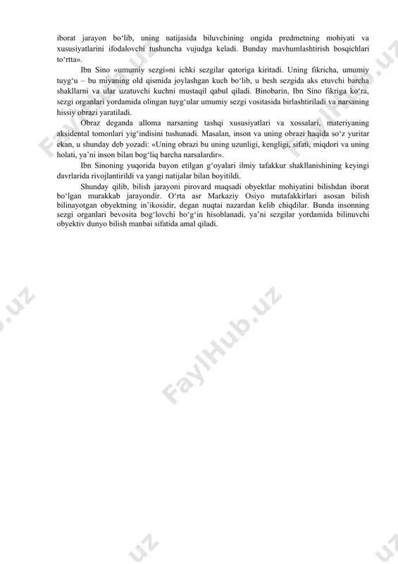 ladi. bu to‘lqinlar juda tez tarqaladi. ular quloqqa yetgach, tebranuvchi havo eshitish nervlariga tegadi va ular bundan jonni xabardor etadi. bu tavsif ancha sodda bayon etilgan bo‘lsa-da, hozirgi tasavvurlarga mos keladi. shuningdek, ibn sino sezgilarni hali obyektiv dunyoning subyektiv obrazi sifatida idrok etmaganidan dalolat beradi. sezgilarni tashqi ta’sirning organizmdagi harakati sifatida tushuntirar ekan, ibn sino uni mexanik talqin qiladi. ibn sino ko‘rish haqidagi ta’limotni ishlab chiqdi. ko‘rish jarayonini tushuntirar ekan, u ayni vaqtda platonning bu boradagi ta’limoti asossiz ekanligini ko‘rsatadi. ibn sino yorug‘likni ko‘rishning asosiy vositasi sifatida alohida qayd etadi. alloma sezgilarni va tuyg‘ularning barcha shakllarini o‘rganib, ularning fiziologik asoslarini, ya’ni miya tuzilishida sezgi markazlarining joylashuvini tushuntirishga harakat qildi. miyani aks ettirish faoliyatining bosh apparati deb talqin qilib, ibn sino hissiy bilish shaklini miya bilan bog‘ladi va uni idrok etish va sezish asosi deb e’tirof etdi. ibn sino ta’limotiga ko‘ra, in’ikos faqat aks ettiruvchi tizimga bog‘liq emas. sezish markazi miyaning …
