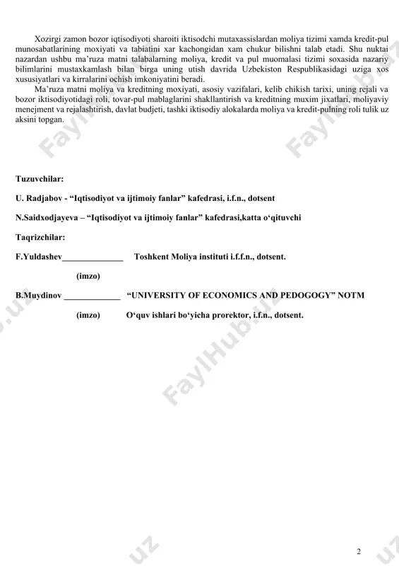 ya; · moliyaning funksiyalari; · moliyaning taqsimlash funksiyasi; · moliyaning nazorat funksiyasi; · davlat moliyasi; · davlat budjeti; · budjet munosabatlari; · umumdavlat moliyaviy nazorati; · ma’muriy moliyaviy nazorat; · ichki xo‘jalik moliyaviy nazorati; · jamoat moliyaviy nazorati; · birlamchi moliyaviy nazorat; · joriy moliyaviy nazorat; · yakuniy moliyaviy nazorat; · budjetdan tashqari fondlar; · davlat krediti. 1. moliya fanining predmeti va vazifalari. bozor munosabatlariga o‘tish – hozirgi kunda ko‘pchilik davlatlar ijtimoiy-iqtisodiy taraqqiyot dasturining asosiy mazmunini tashkil etadi. bozor munosabatlariga o‘tish insonning ijodiy va mehnat salohiyatini namoyon qilishga, boqimandalikni bartaraf etishga, yo‘qolib ketgan egalik tuyg‘usini qayta tiklashga imkon beradi. faqat bozorgina mahsulot ishlab chiqaruvchining hukmini bartaraf etib, respublikaning g‘oyat katta boyliklaridan samarali foydalanishni ta’minlay oladi. shu borada muhim masalalardan biri: davlat tasarrufidan chiqarish va xususiylashtirish yo‘li, yangi paydo bo‘layotgan nodavlat, ya’ni ishlab chiqarish faoliyati bilan shug‘ullanayotgan va aholiga xizmat ko‘rsatayotgan xususiy, aksionerlik, kollektiv va boshqa korxonalarni qo‘llab-quvvatlash bilan aralash, ko‘p …