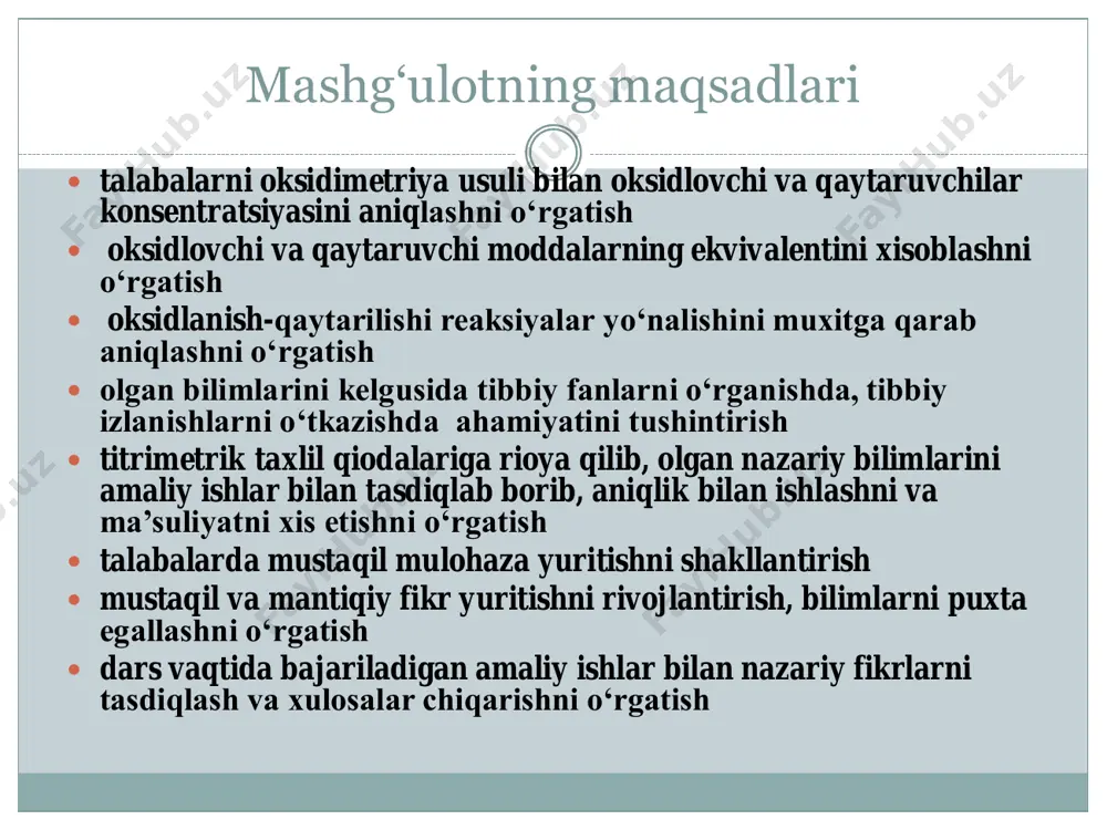 , йодометрияларга бўлинади. перманганатометрия усулида эквивалент нуқтада ишчи эритма сифатида қўшилган бир томчи калий перманганат эритмаси текширилаѐтган эритмани пушти рангга бўяйди. бу усулда kmno4 эритмаси индикатор вазифасини бажаради.  текширилаѐтган эритманинг табиатига кўра тўғри ва тескари титрлаш фарқланади. тўғри титрлаш учун текширилаѐтган эритмага оксидловчининг ишчи эритмаси эквивалент нуқтагача секин-аста қўшиб борилади. масалан, кмпо4 эритмаси ѐрдамида мор тузи таркибидаги темирни миқдорини аниқлаш мумкин. турғунмас ва учувчан кайтарувчиларнинг микдорини аниклашда тескари титрлашдан фойдалиналади. бунда иккита ишчи эритма, яъни оксидловчи ва қайтарувчининг ишчи эритмасидан фойдаланилади. калий парманганатнинг оксидловчилик хусусияти эритманинг мухитига боғлик булади: кислотали мухитда рангсиз, нейтрал ѐки кучсиз ишкорийда - қўнғир, ишкорий мухитда яшил ранггача қайтарилади.  кўриниб турибдики, кислотали мухитда кмпо4 нинг оксидловчилик хусусияти энг юқори даражада намоѐн булади. бундан ташқари кислотали шароитда кмпо4 пушти рангдан рангсиз холатга ўтиши титрлаш жараѐнида эквивалент нуқтани аниқлаш учун қулайлик туғдиради.  оксидиметрия усули ферментатив ва бошка биокимѐвий ж:араѐнларининг механизмларини урганишда, табиатни ифлослантирувчи захарли моддалар …