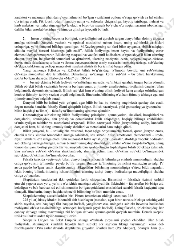 mning subʼektiv-idealistik g‘oyalari immanent falsafa maktabining germaniyadagi (e.max, r.avenarius). eng yirik vakili r.dekart bo‘lgan dualizm kabi falsafiy yo‘nalish ong masalasida o‘ziga xos o‘rin tutadi. dualistlar borliq asosida ikkita mustaqil, tenghuquqli boshlang‘ich nuqta – modda va ruh mavjud deb daʼvo qiladilar. ong fenomenini gilozoiz deb atalgan falsafiy oqim o‘ziga xos tarzda talqin qiladi. u jonli tabiat bilan jonsiz tabiat o‘rtasidagi chegarani inkor etadi, butun materiya biron-bir darajada jonlidir, jonlantirilgandir, unga sezgi, psixika, ruh ato etilgandir, deb biladi. panteizm falsafasining vakillari gilozoizmga yaqin pozitsiyada turadilar. ular «xudo”, «tabiat”, «ruh” tushunchalarini maksimal darajada bir-biriga yaqinlashtiradilar. panteizm g‘oyalari ilk sufizm oqimiga yaqin turadi. o‘rta asr sharqining atoqli mutafakkiri al-g‘azzoliy shu oqimning yorqin vakili edi. panteizm g‘oyalarini jordano bruno va benedikt spinoza yangi zamonning yevropadagi falsafiy anʼanasi asosida rivojlantirdilar. hozirgi, postklassik falsafaning ko‘pdan-ko‘p oqimlari ongni tahlil qilishga zo‘r eʼtibor bermoqdalar. masalan, z.freyd, k.yung, e.fromm nomlari bilan bog‘liq bo‘lgan psixoanaliz falsafasi ongsizni, uning subʼektning maʼnaviy borlig‘idagi …